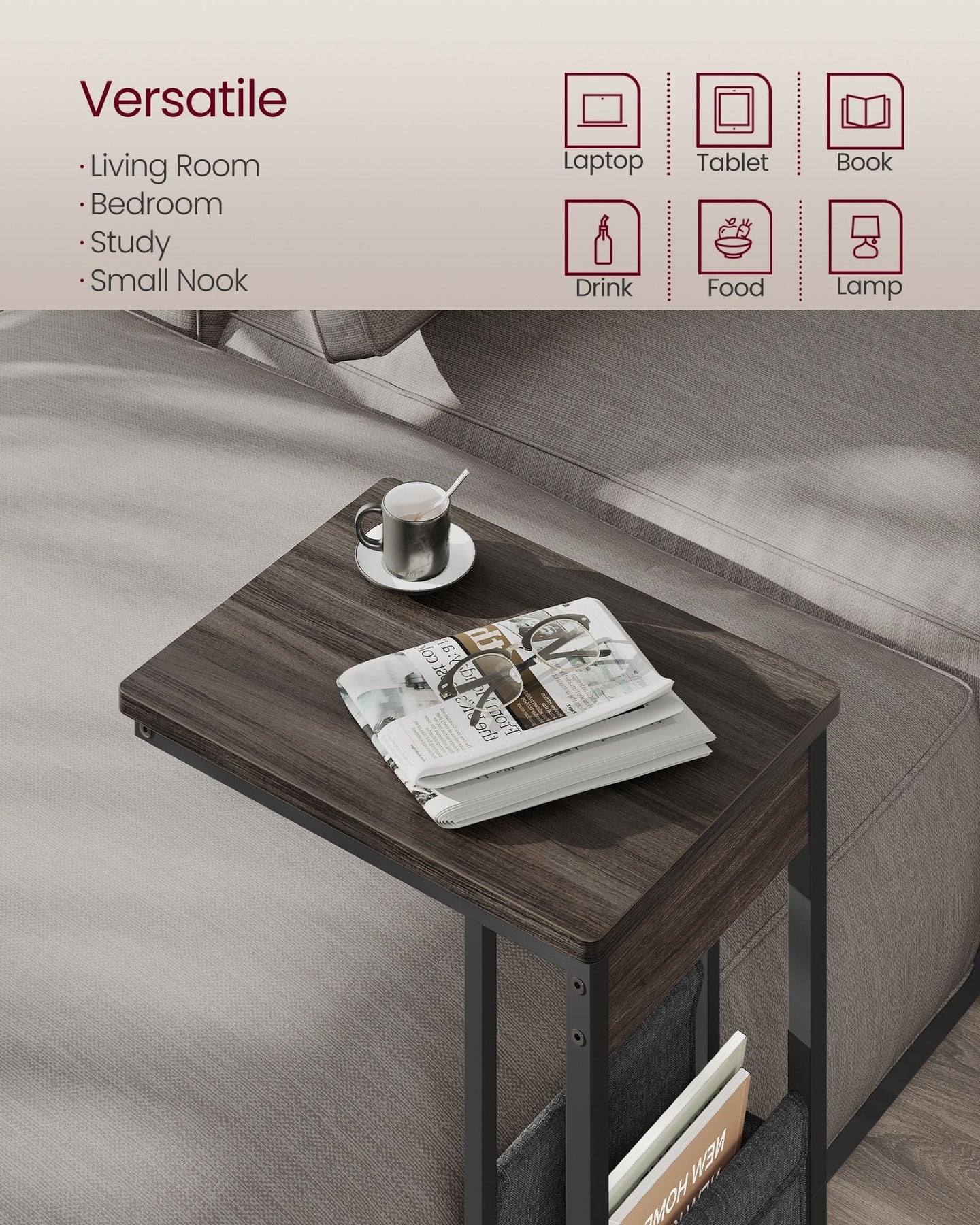 C-Shaped Bedside Table - Wood - Ash Brown - With Fabric Storage Bag and Adjustable Feet