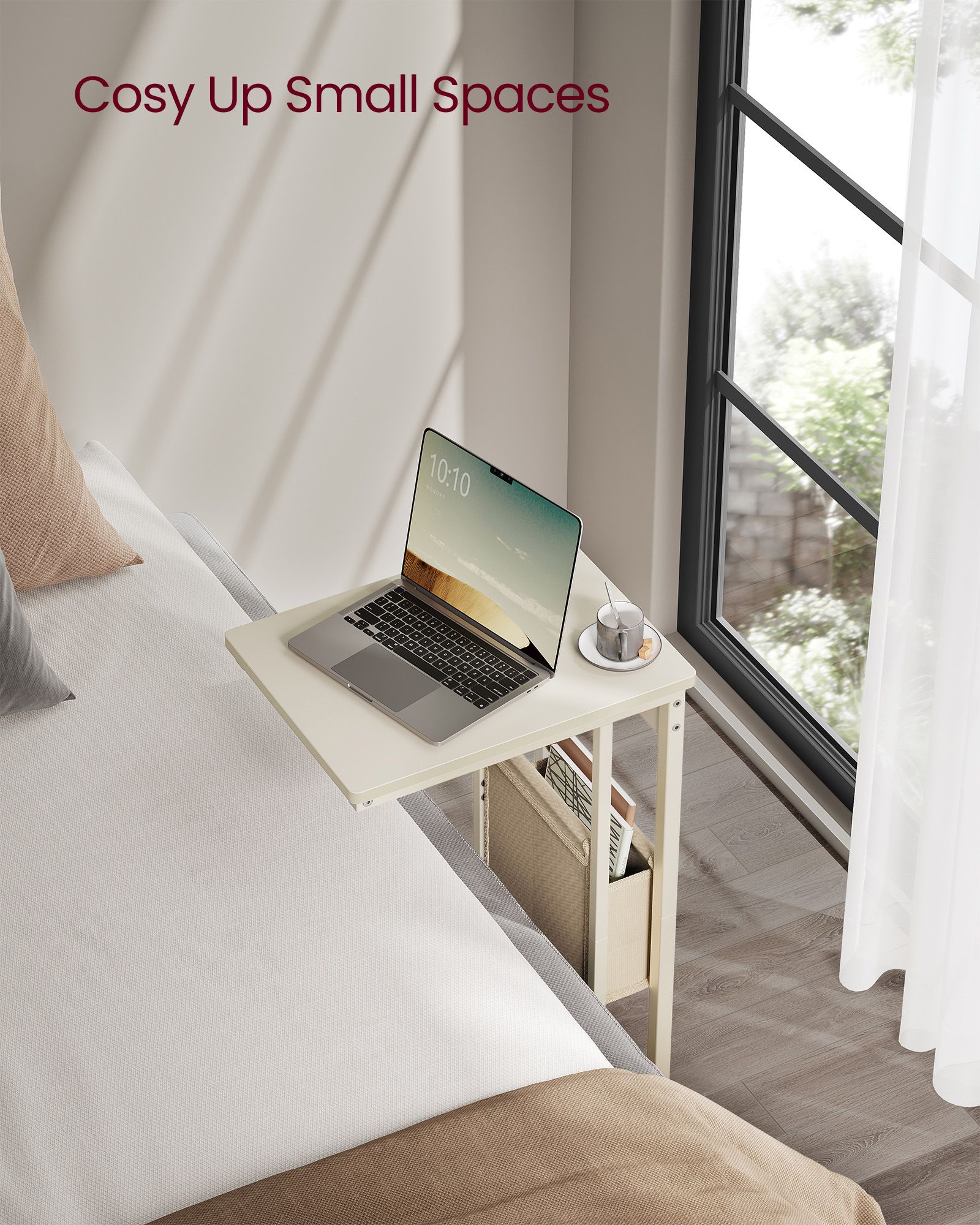 C-Shaped Bedside Table - Wood - Cream White - Includes Fabric Storage Bag and Swivel Castors