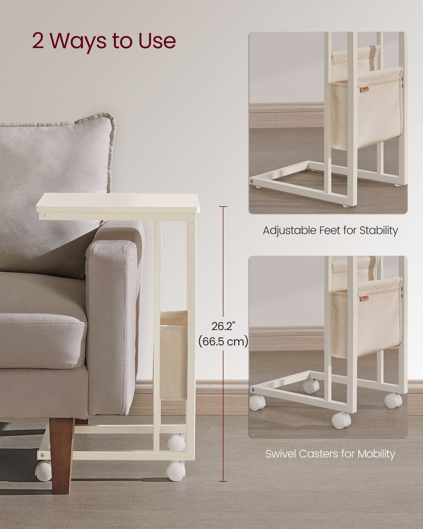 C-Shaped Bedside Table - Wood - Cream White - Includes Fabric Storage Bag and Swivel Castors