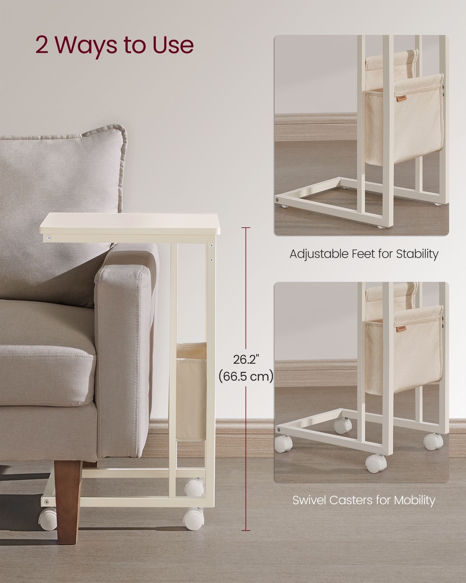 C-Shaped Bedside Table - Wood - Cream White - Includes Fabric Storage Bag and Swivel Castors