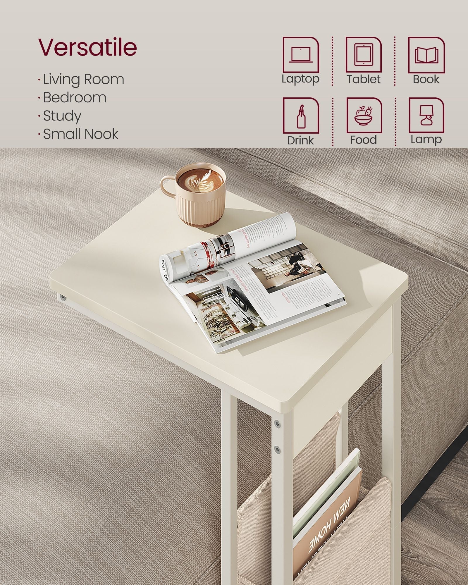 C-Shaped Bedside Table - Wood - Cream White - Includes Fabric Storage Bag and Swivel Castors
