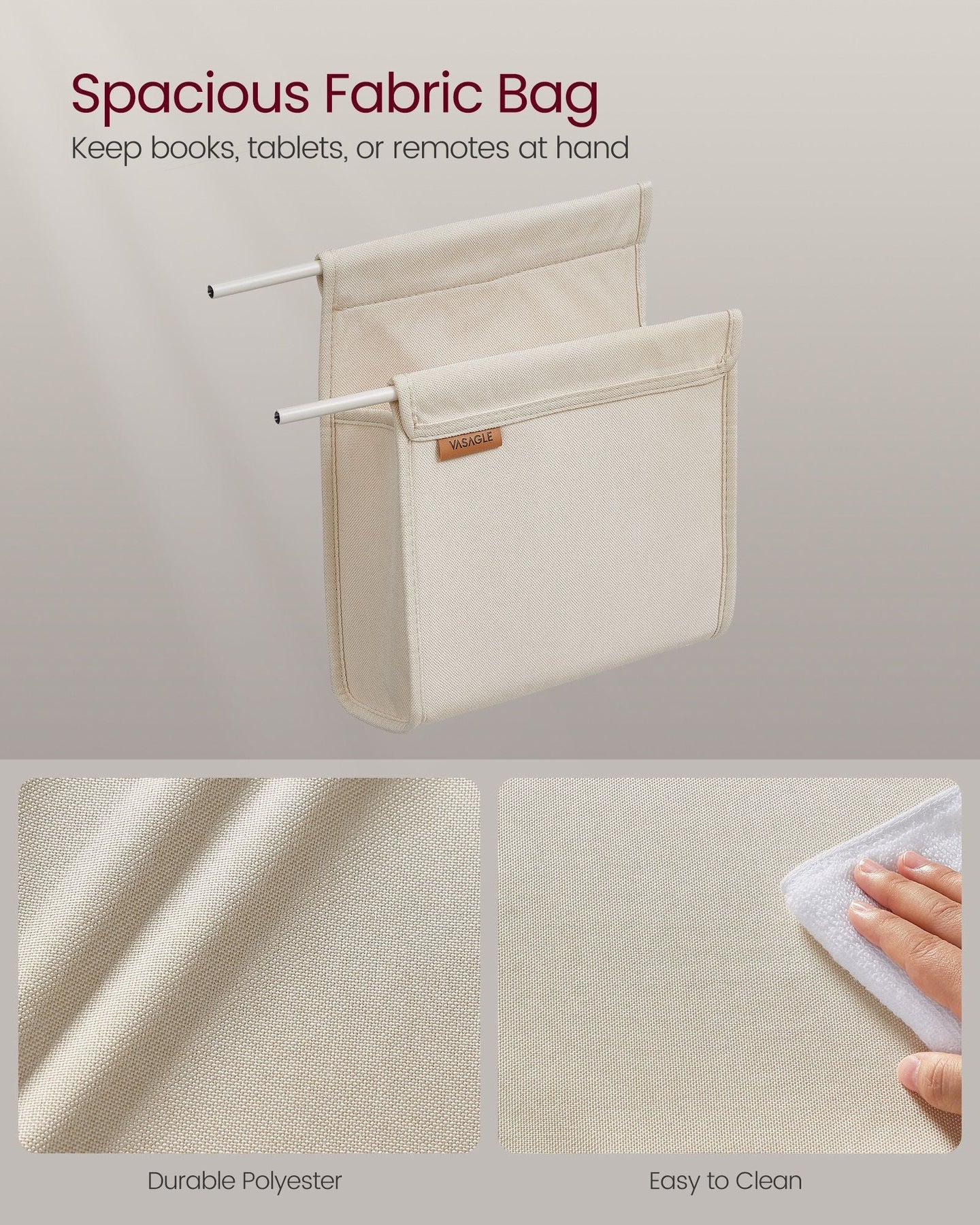 C-Shaped Bedside Table - Wood - Cream White - Includes Fabric Storage Bag and Swivel Castors