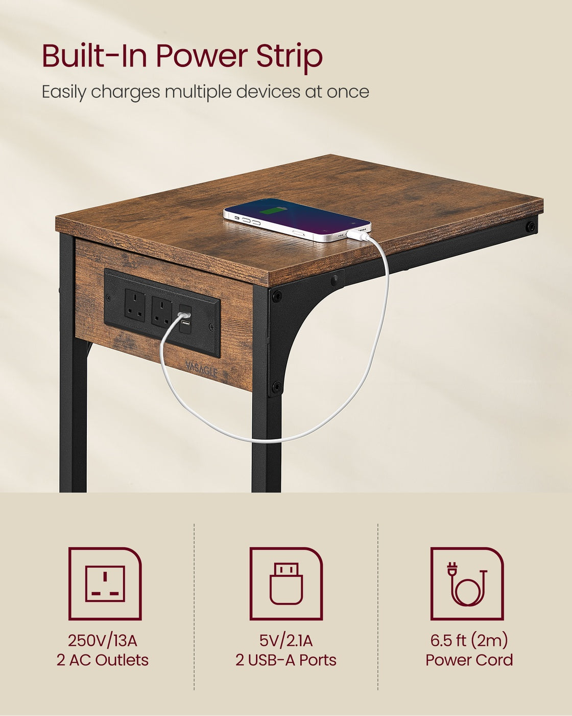 C-Shaped Side Table - 30L - Particleboard - Charging Station