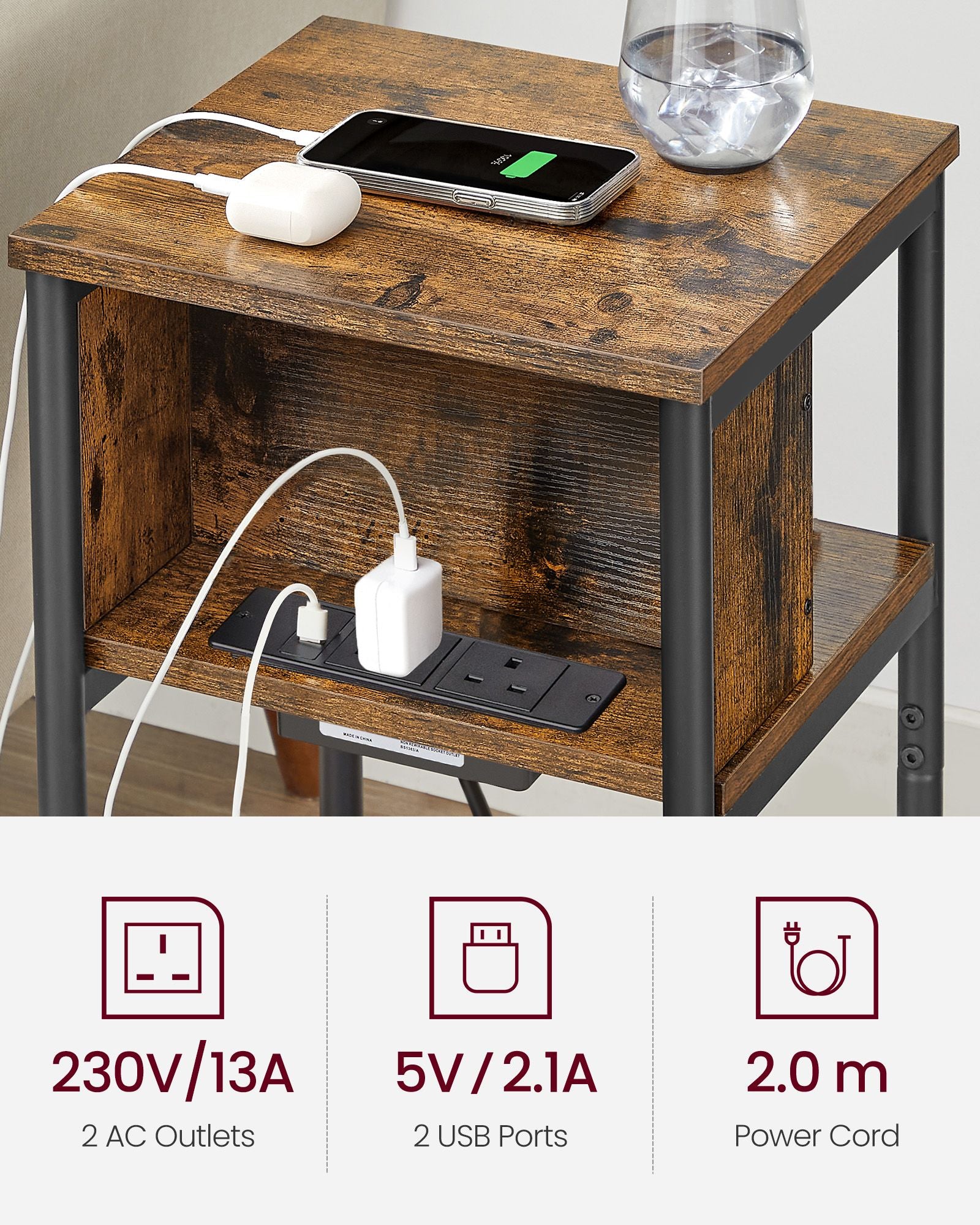 Narrow Bedside Table - Wood - Rustic Brown and Black - Integrated Charging Station with 2 AC and 2 USB Outlets