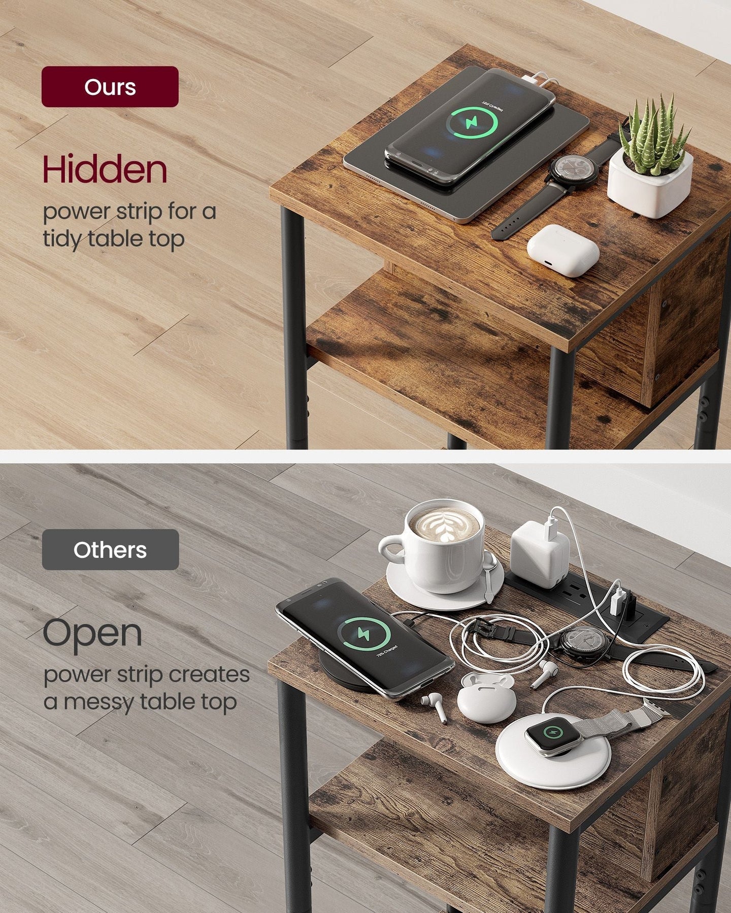 Narrow Bedside Table - Wood - Rustic Brown and Black - Integrated Charging Station with 2 AC and 2 USB Outlets