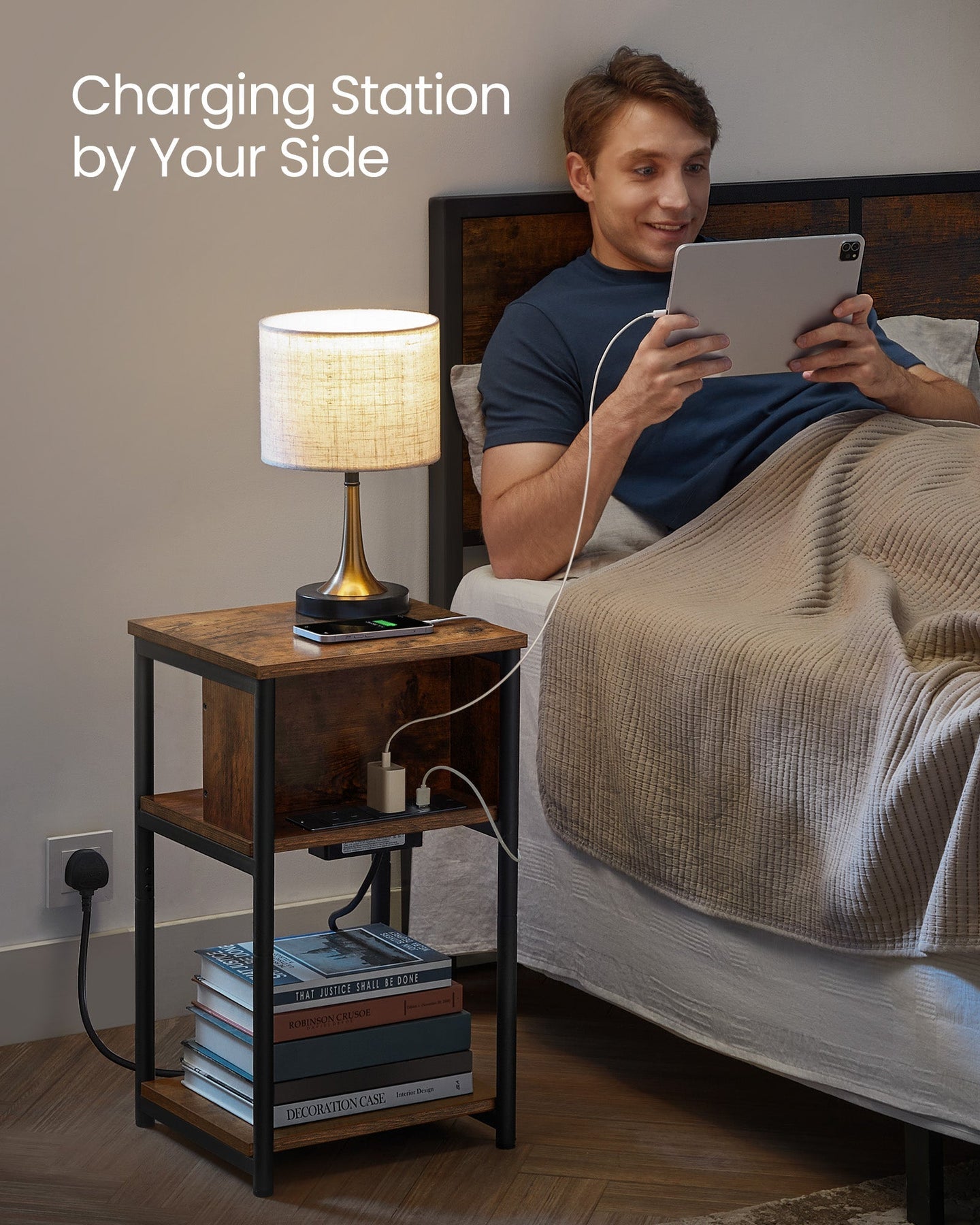 Narrow Bedside Table - Wood - Rustic Brown and Black - Integrated Charging Station with 2 AC and 2 USB Outlets
