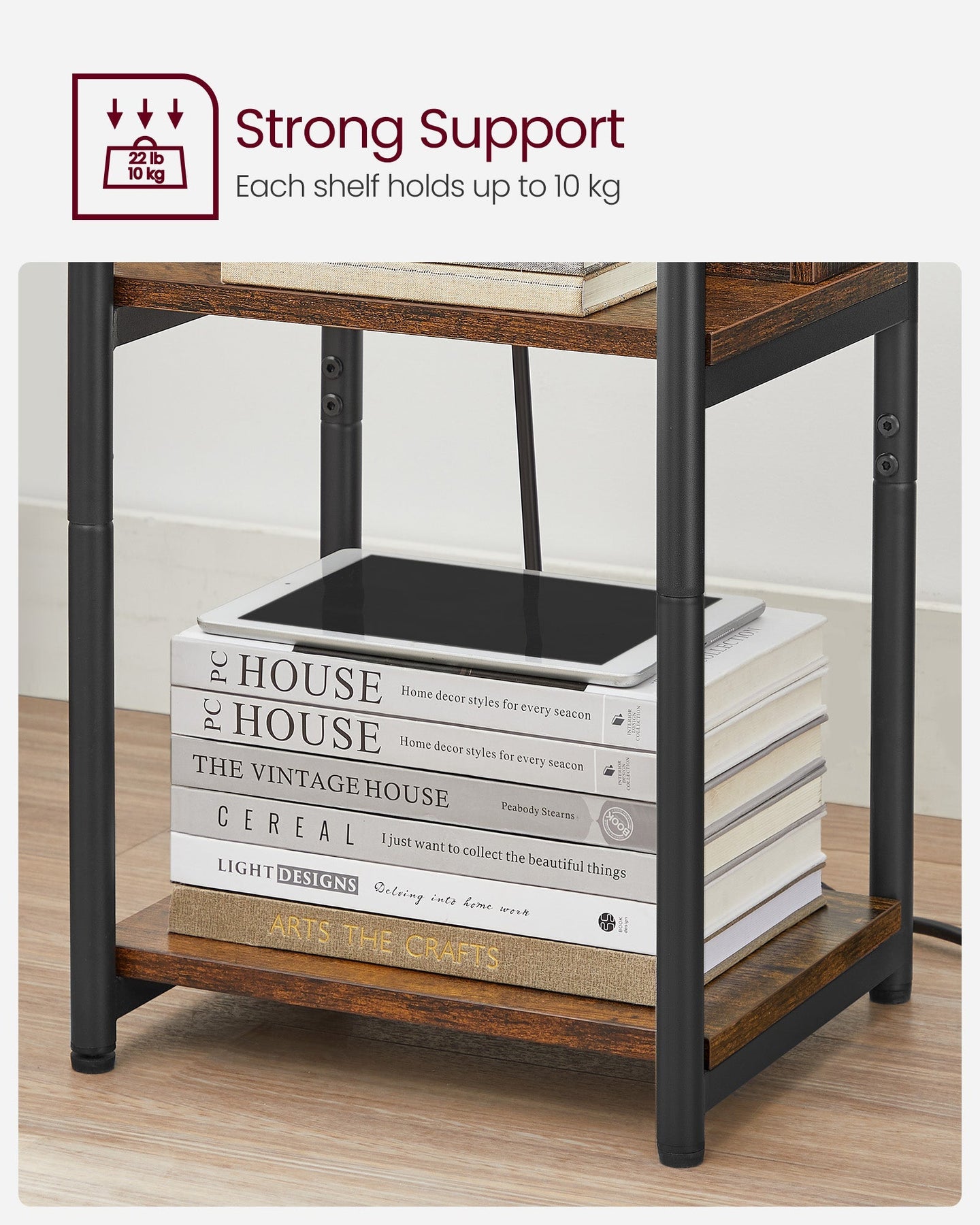 Narrow Bedside Table - Wood - Rustic Brown and Black - Integrated Charging Station with 2 AC and 2 USB Outlets
