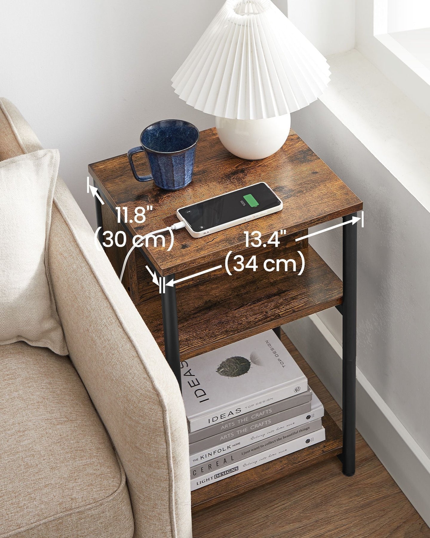 Narrow Bedside Table - Wood - Rustic Brown and Black - Integrated Charging Station with 2 AC and 2 USB Outlets