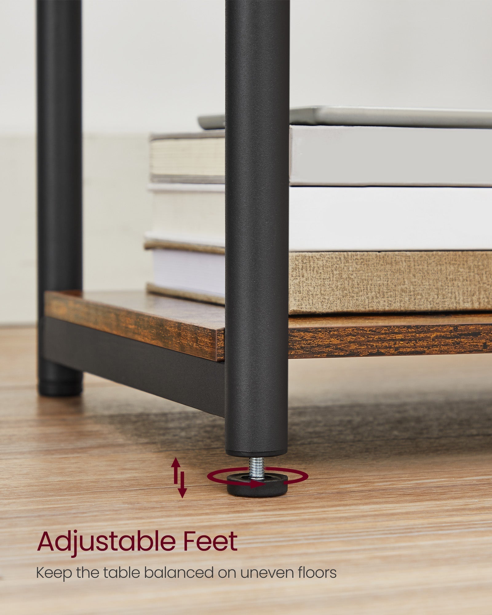 Narrow Bedside Table - Wood - Rustic Brown and Black - Integrated Charging Station with 2 AC and 2 USB Outlets