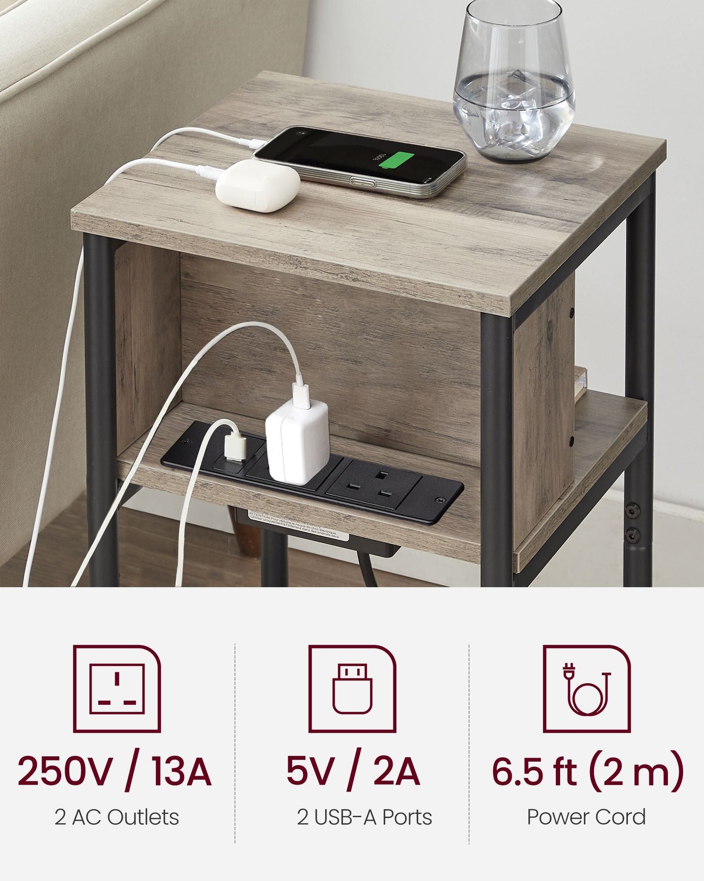 Slim Side Table - Wood - Heather Greige - Charging Station with AC and USB Outlets