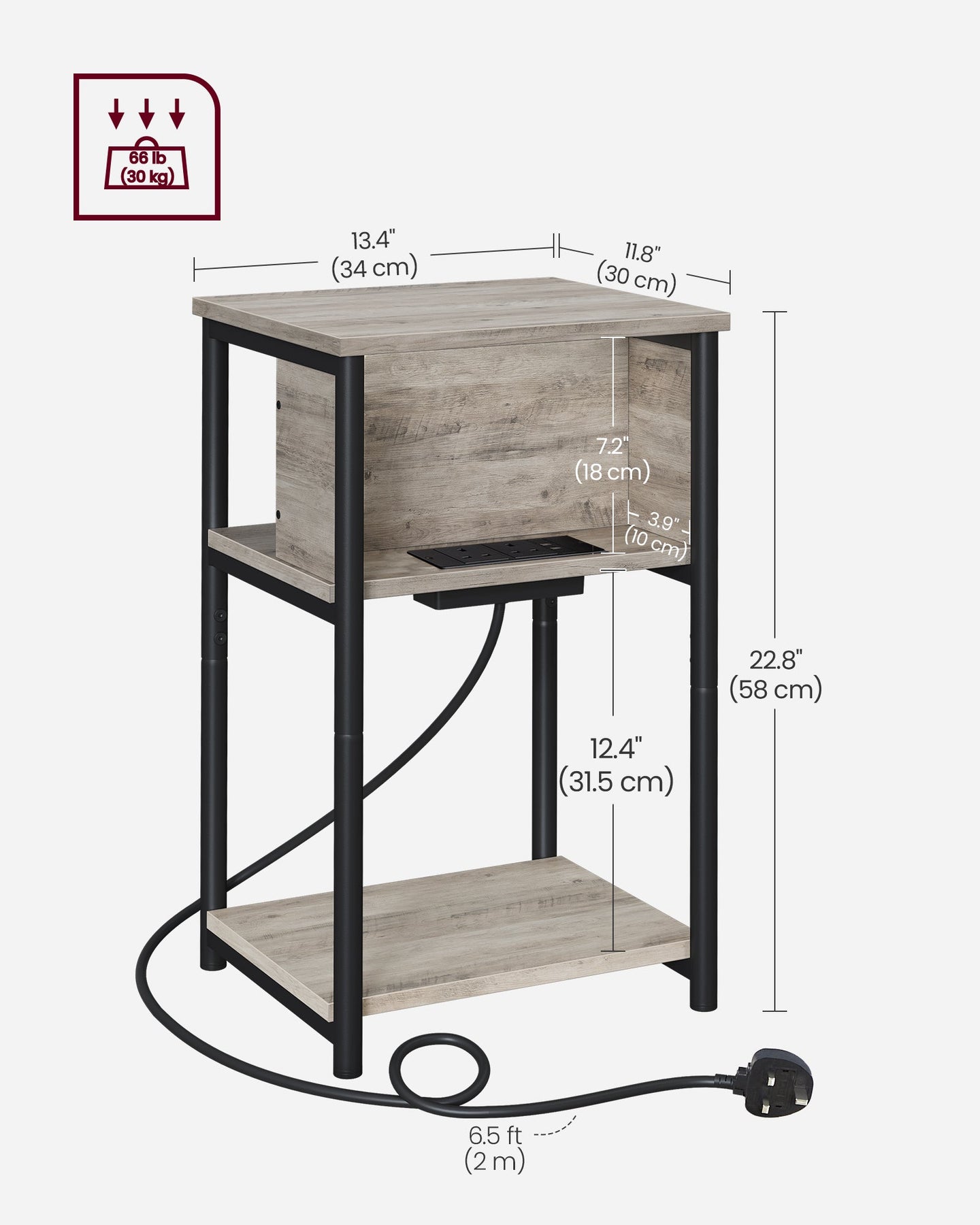 Slim Side Table - Wood - Heather Greige - Charging Station with AC and USB Outlets