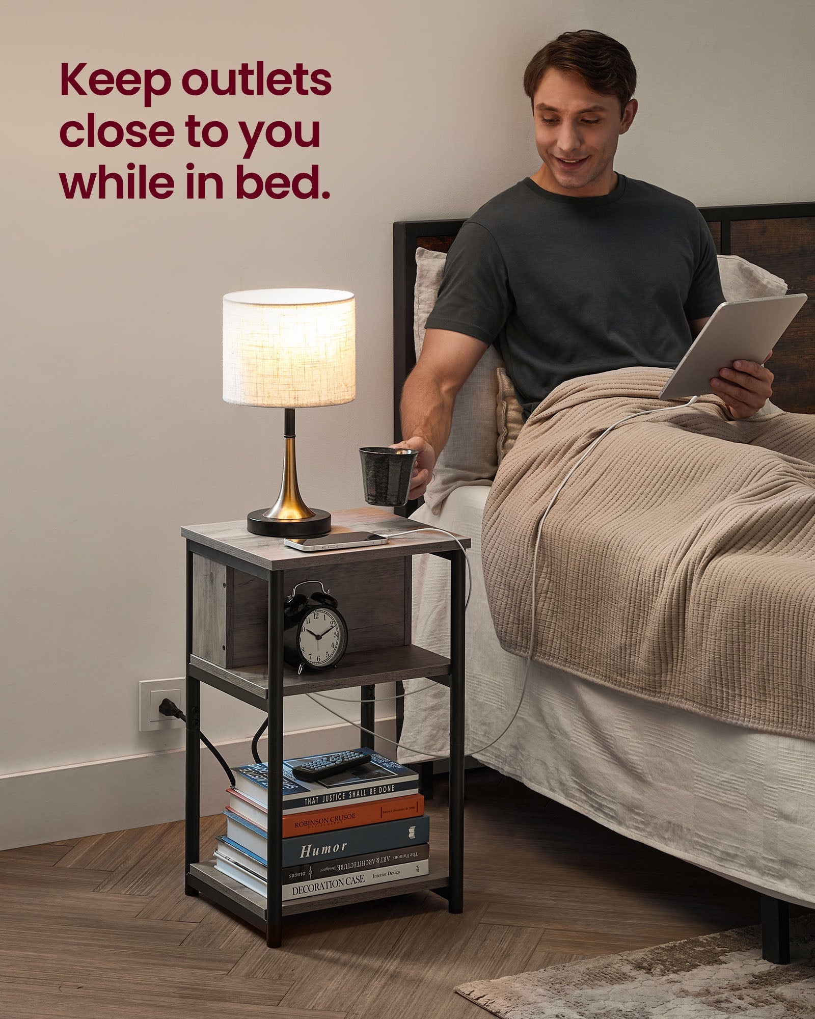 Slim Side Table - Wood - Heather Greige - Charging Station with AC and USB Outlets