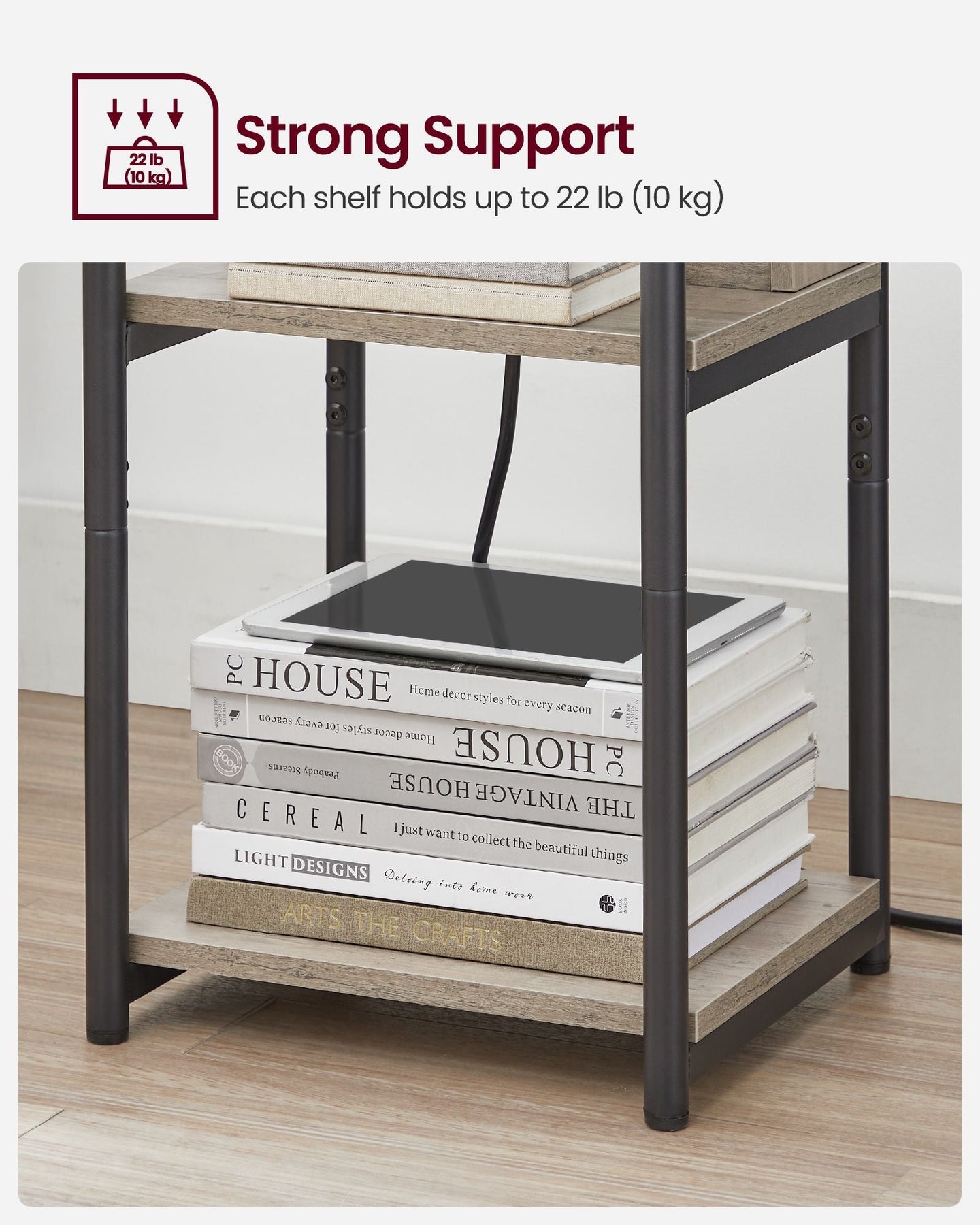 Slim Side Table - Wood - Heather Greige - Charging Station with AC and USB Outlets