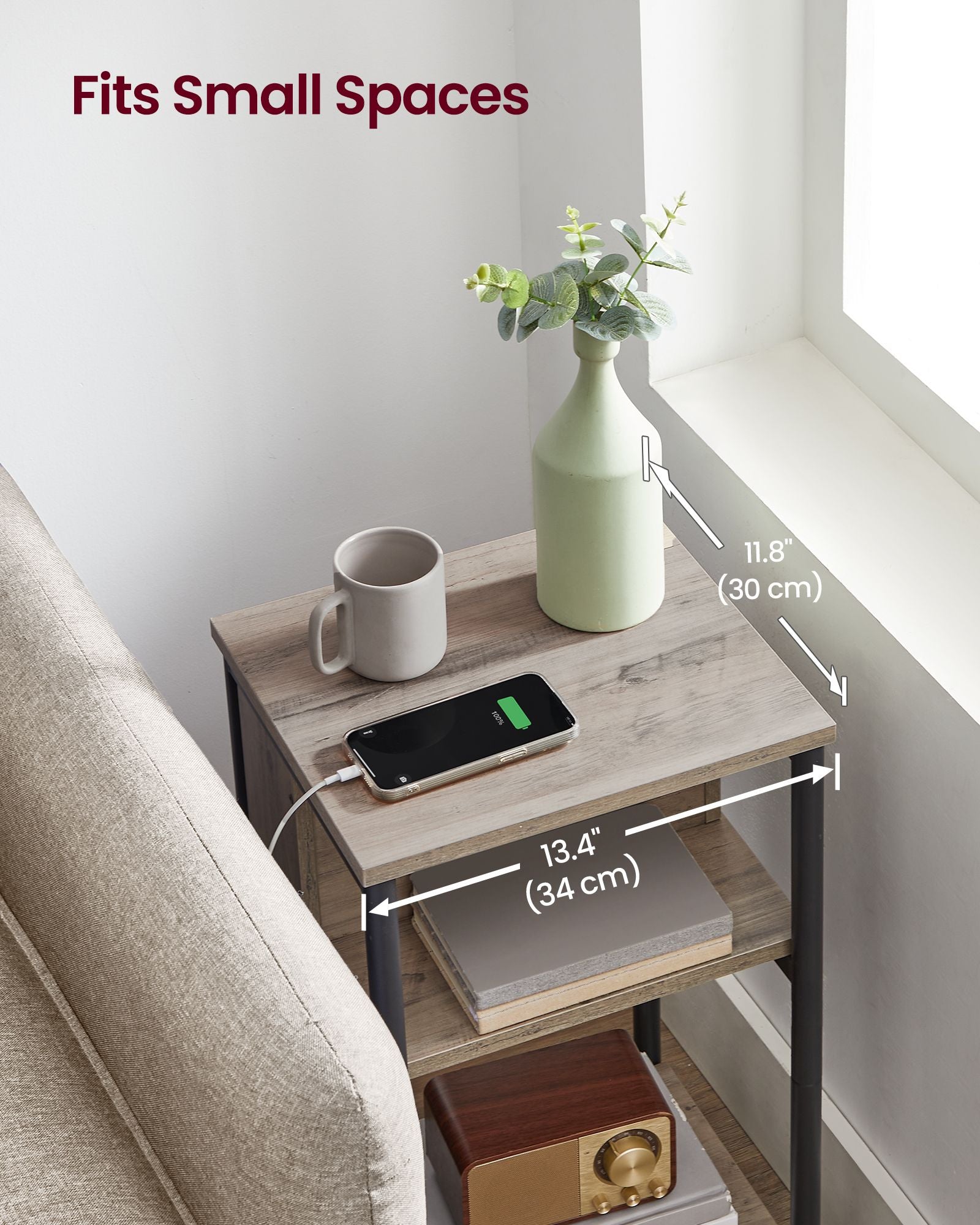 Slim Side Table - Wood - Heather Greige - Charging Station with AC and USB Outlets