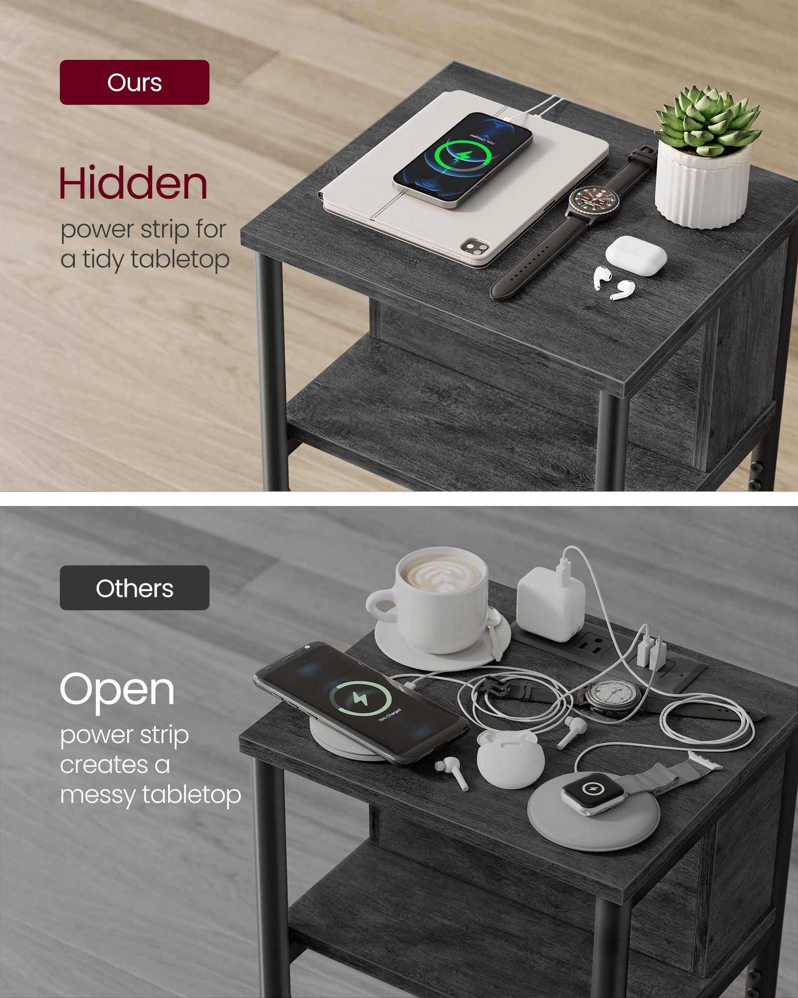 Slim Side Table - Wood - Charcoal Grey - Charging Station with AC and USB Outlets