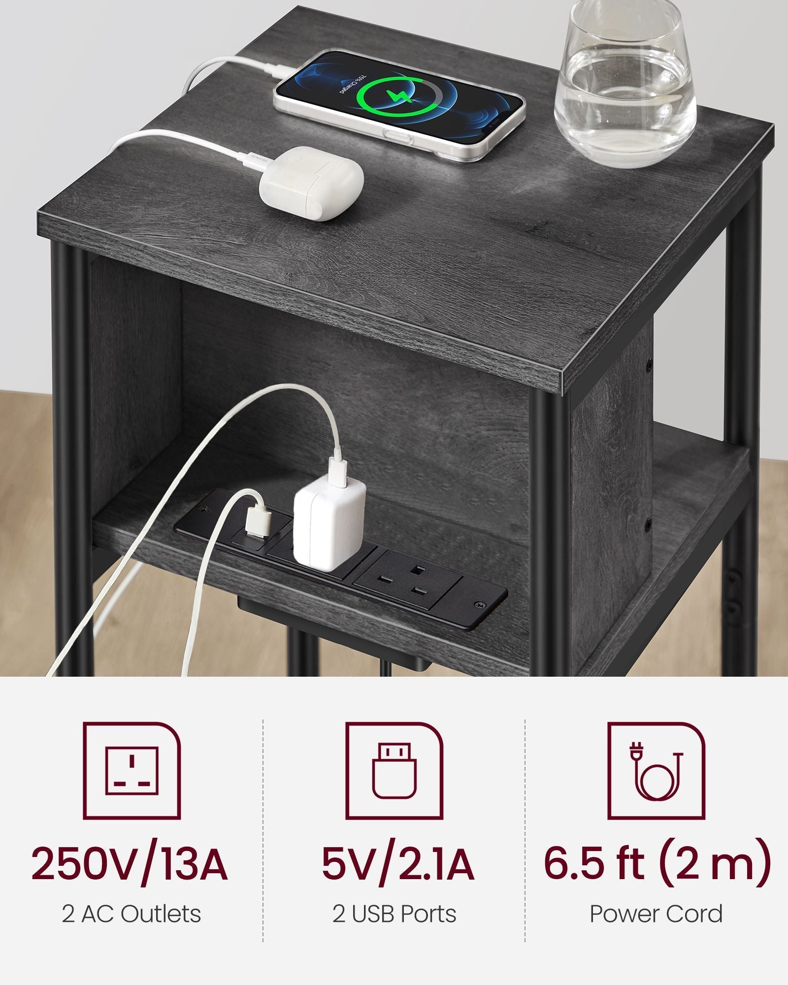 Slim Side Table - Wood - Charcoal Grey - Charging Station with AC and USB Outlets