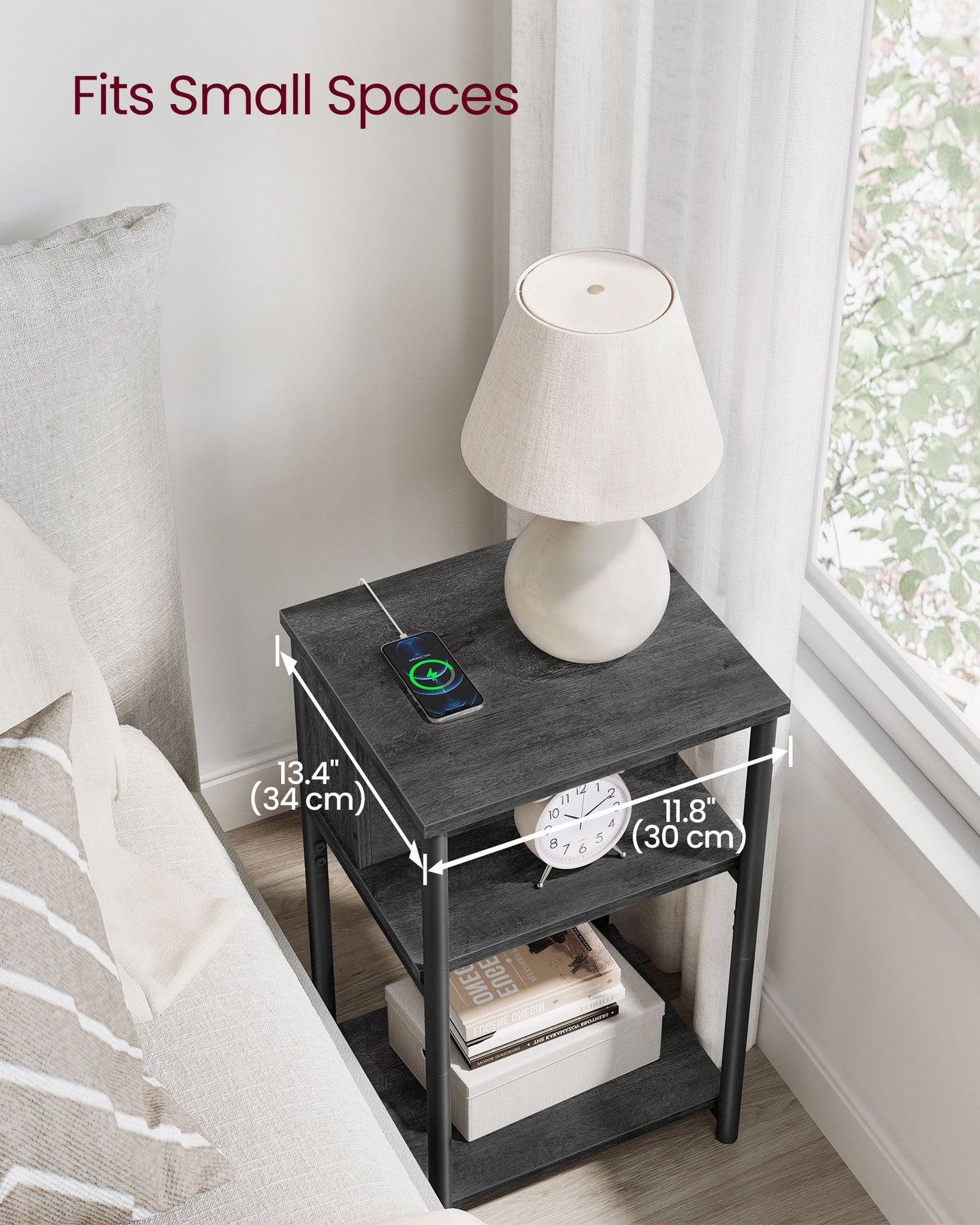 Slim Side Table - Wood - Charcoal Grey - Charging Station with AC and USB Outlets