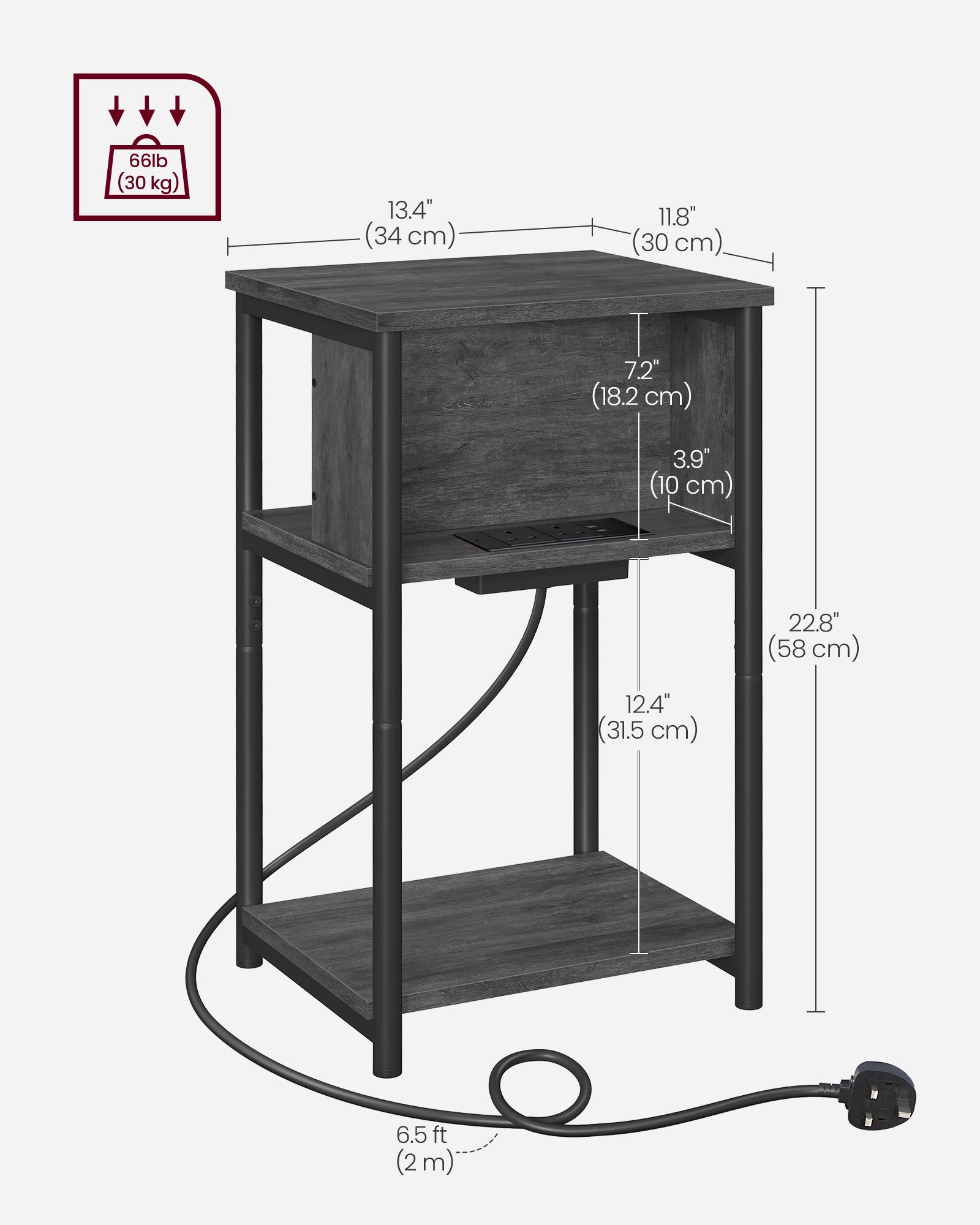 Slim Side Table - Wood - Charcoal Grey - Charging Station with AC and USB Outlets