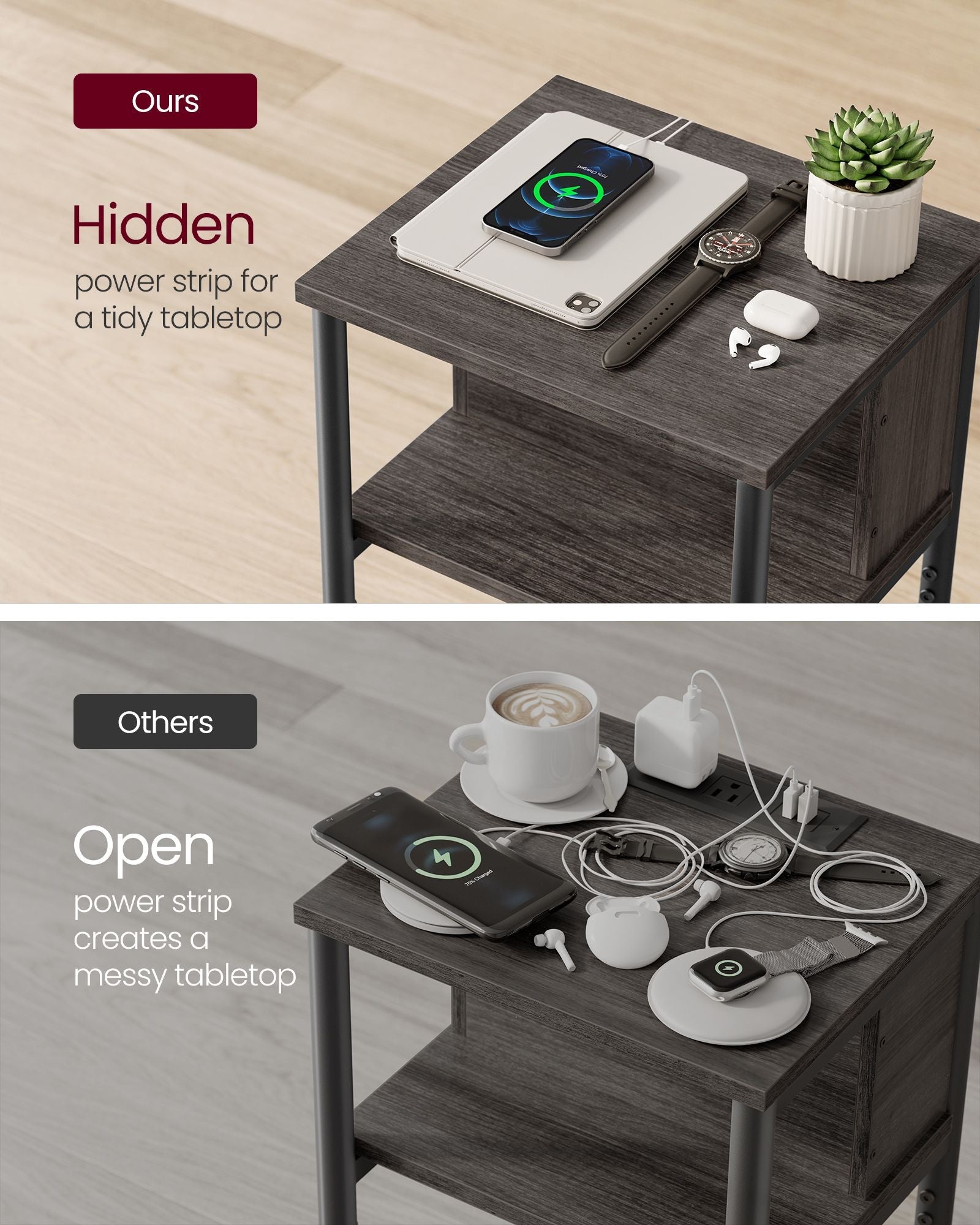 Slim Side Table - Wood - Chestnut Brown - Includes Charging Station with AC and USB Outlets