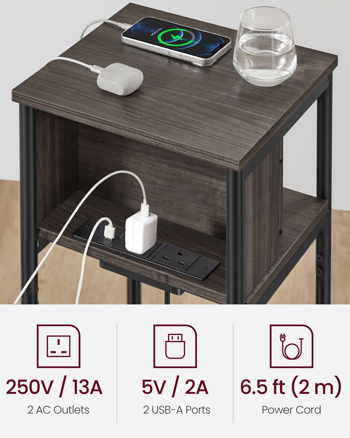 Slim Side Table - Wood - Chestnut Brown - Includes Charging Station with AC and USB Outlets