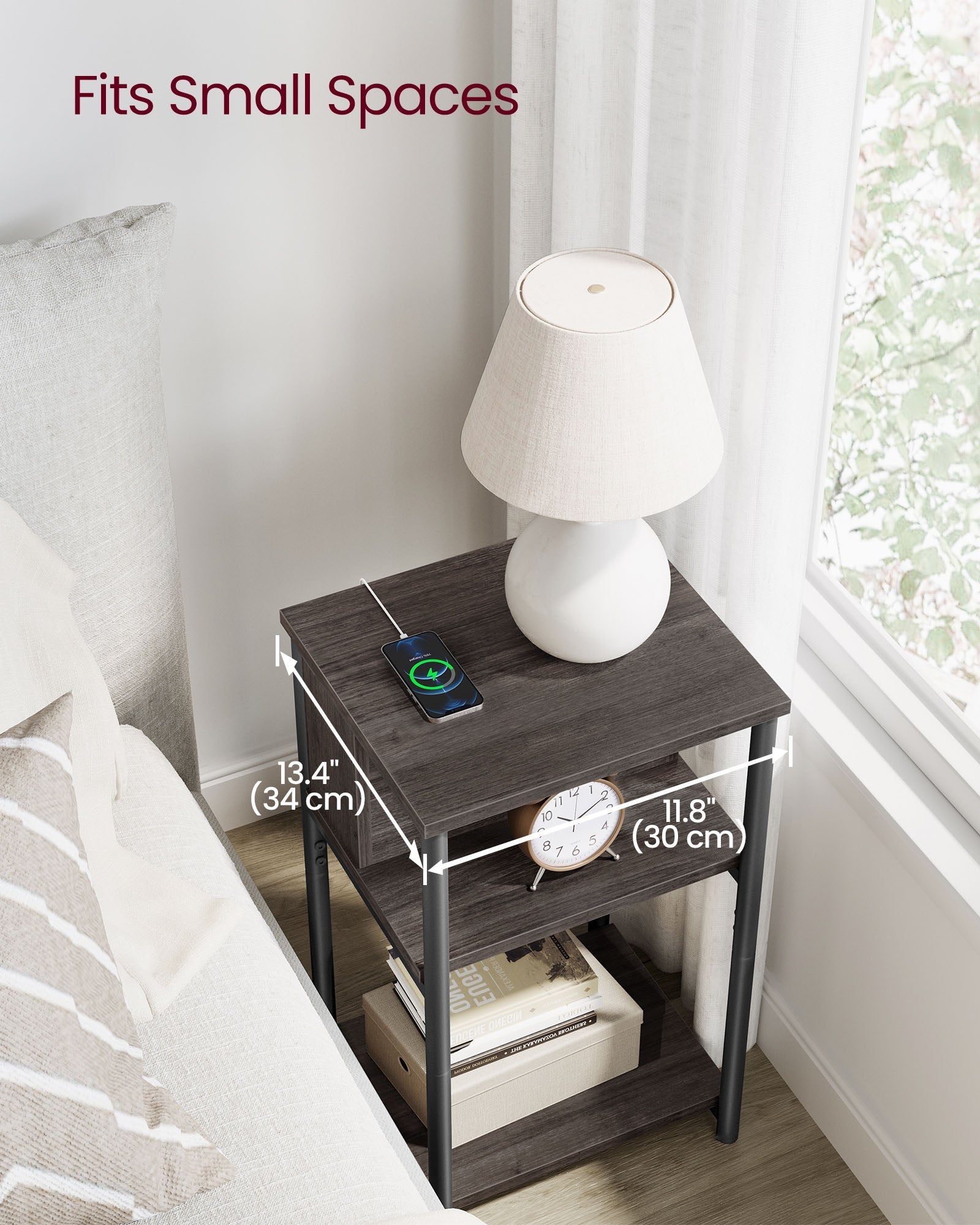 Slim Side Table - Wood - Chestnut Brown - Includes Charging Station with AC and USB Outlets
