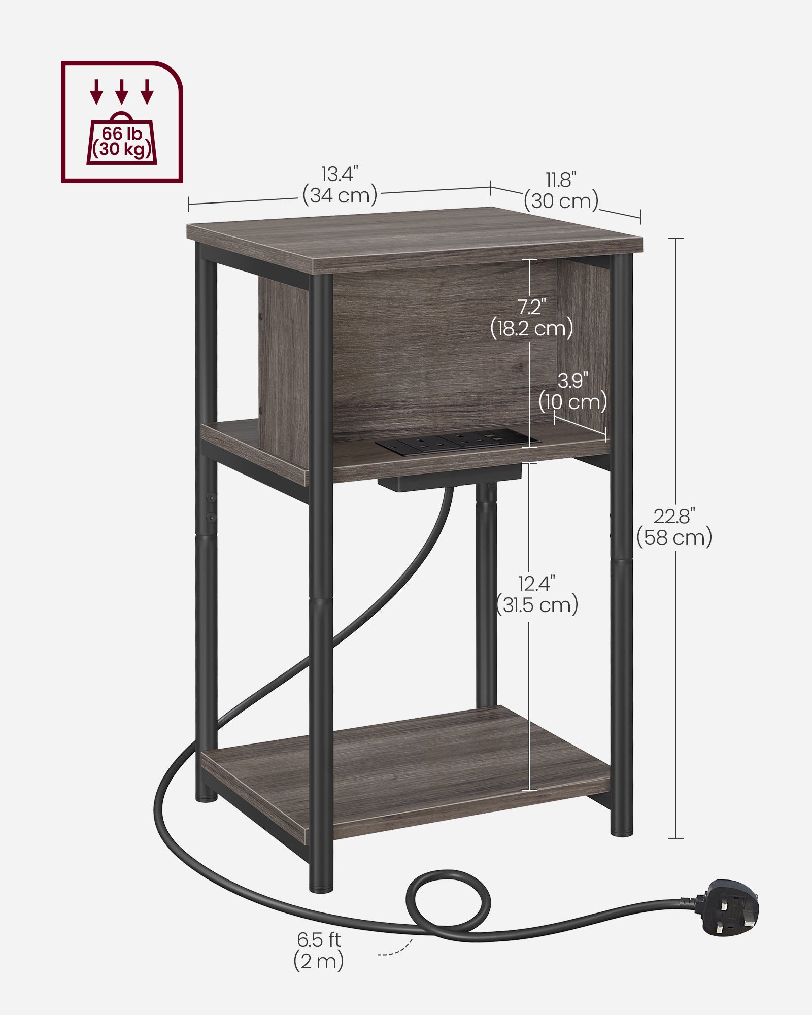 Slim Side Table - Wood - Chestnut Brown - Includes Charging Station with AC and USB Outlets