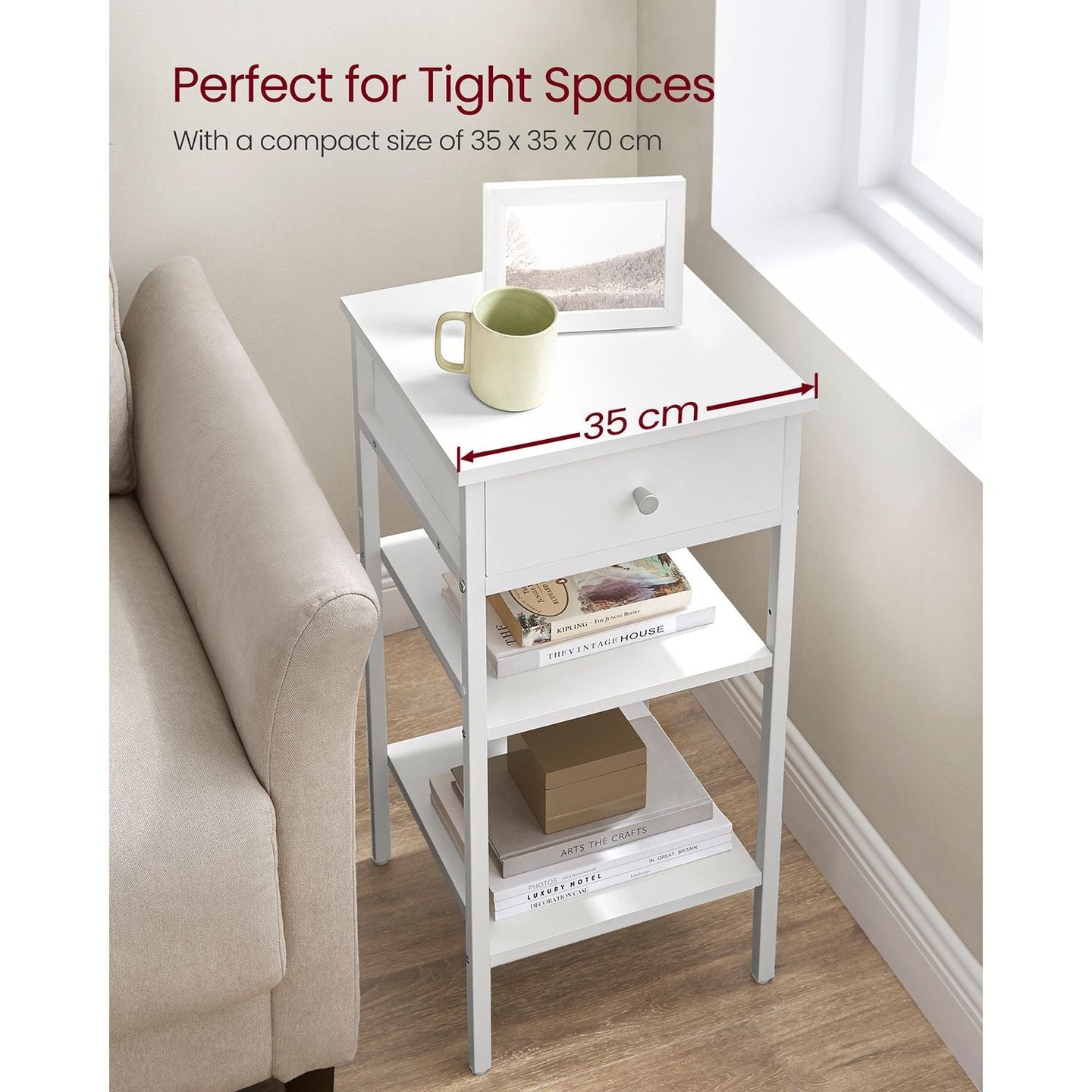 Tall Bedside Table - Wood - Rustic Brown and Black - Drawer and 2 Storage Shelves