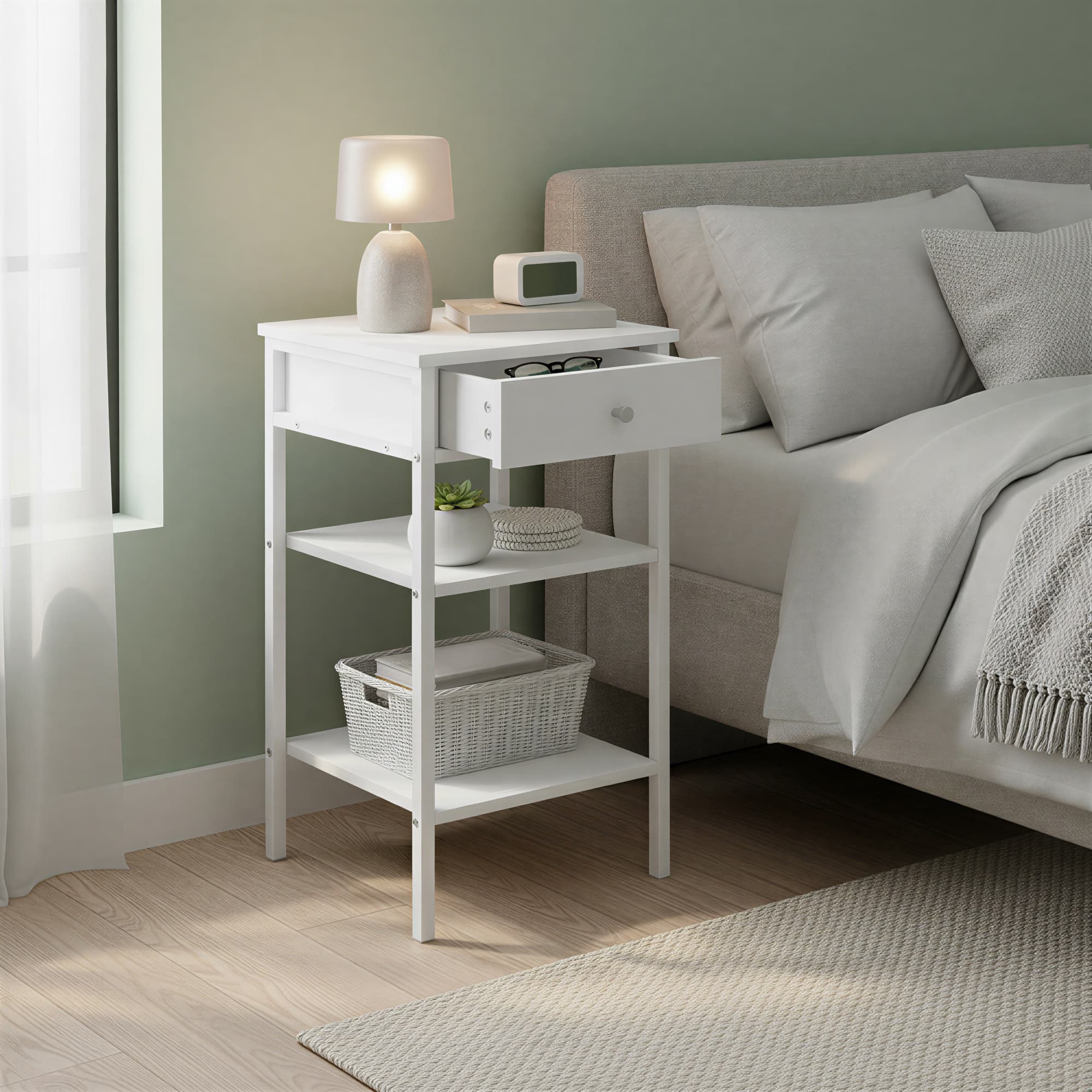 Nightstand - Wood - Rustic Brown and Black - Space-Saving with Drawer and 2 Storage Shelves