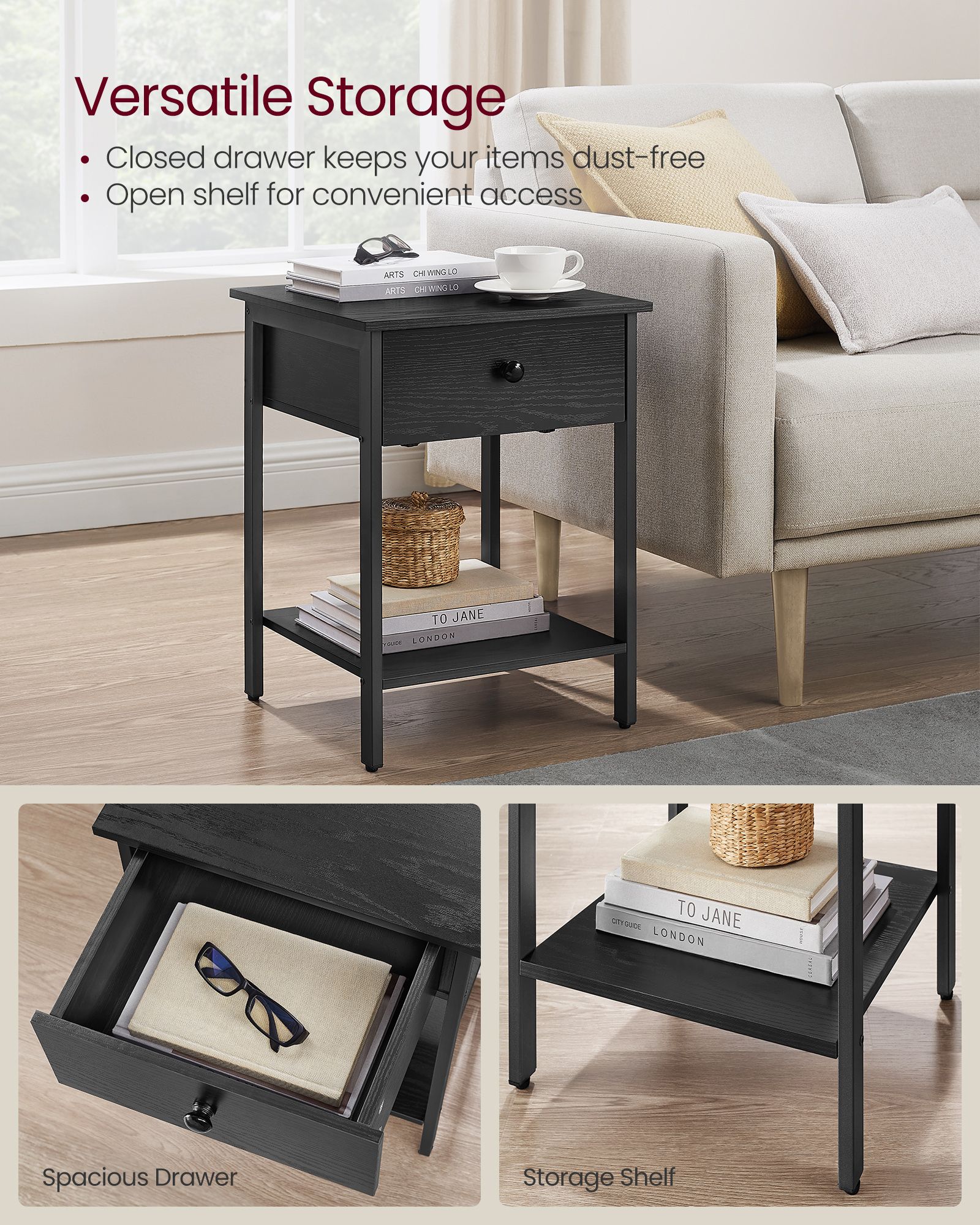 Bedside Table - Steel Frame - Ebony Black - Drawer and Shelf Equipped