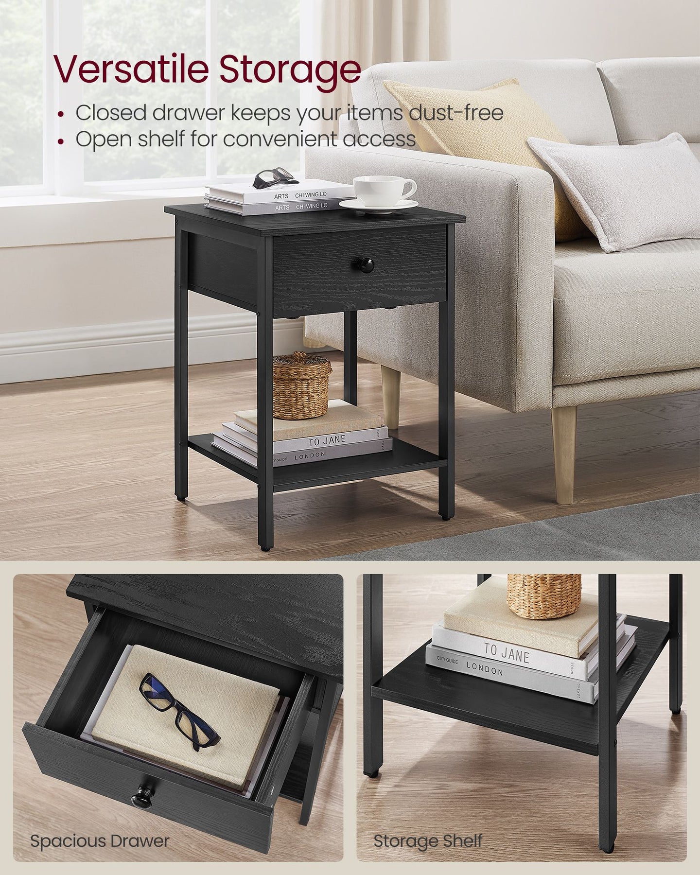 Bedside Table - Steel Frame - Ebony Black - Drawer and Shelf Equipped