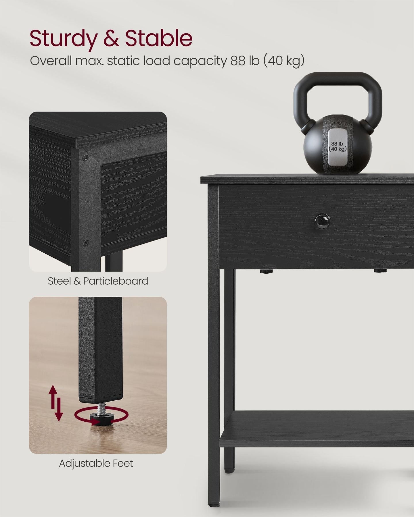 Bedside Table - Steel Frame - Ebony Black - Drawer and Shelf Equipped