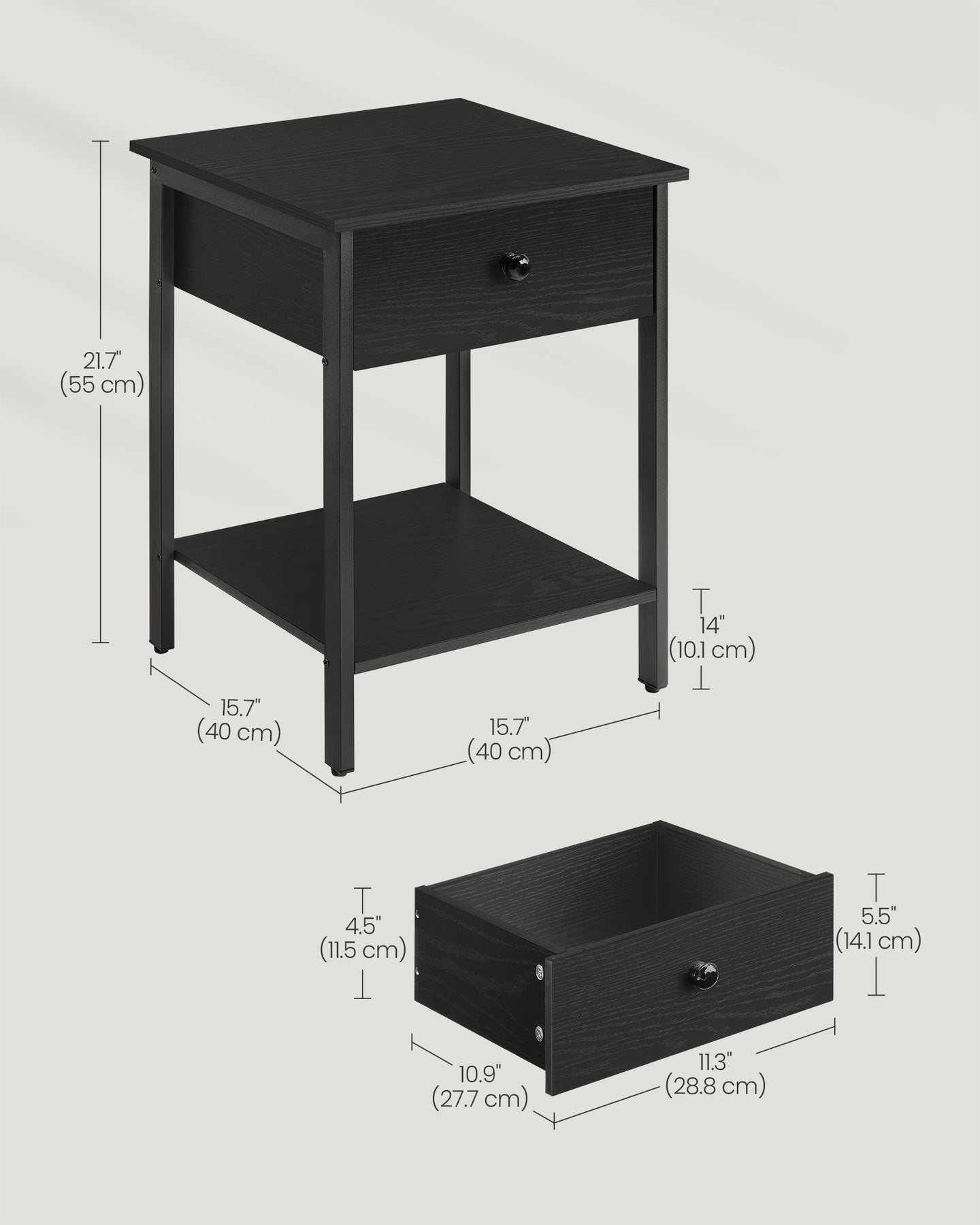 Bedside Table - Steel Frame - Ebony Black - Drawer and Shelf Equipped