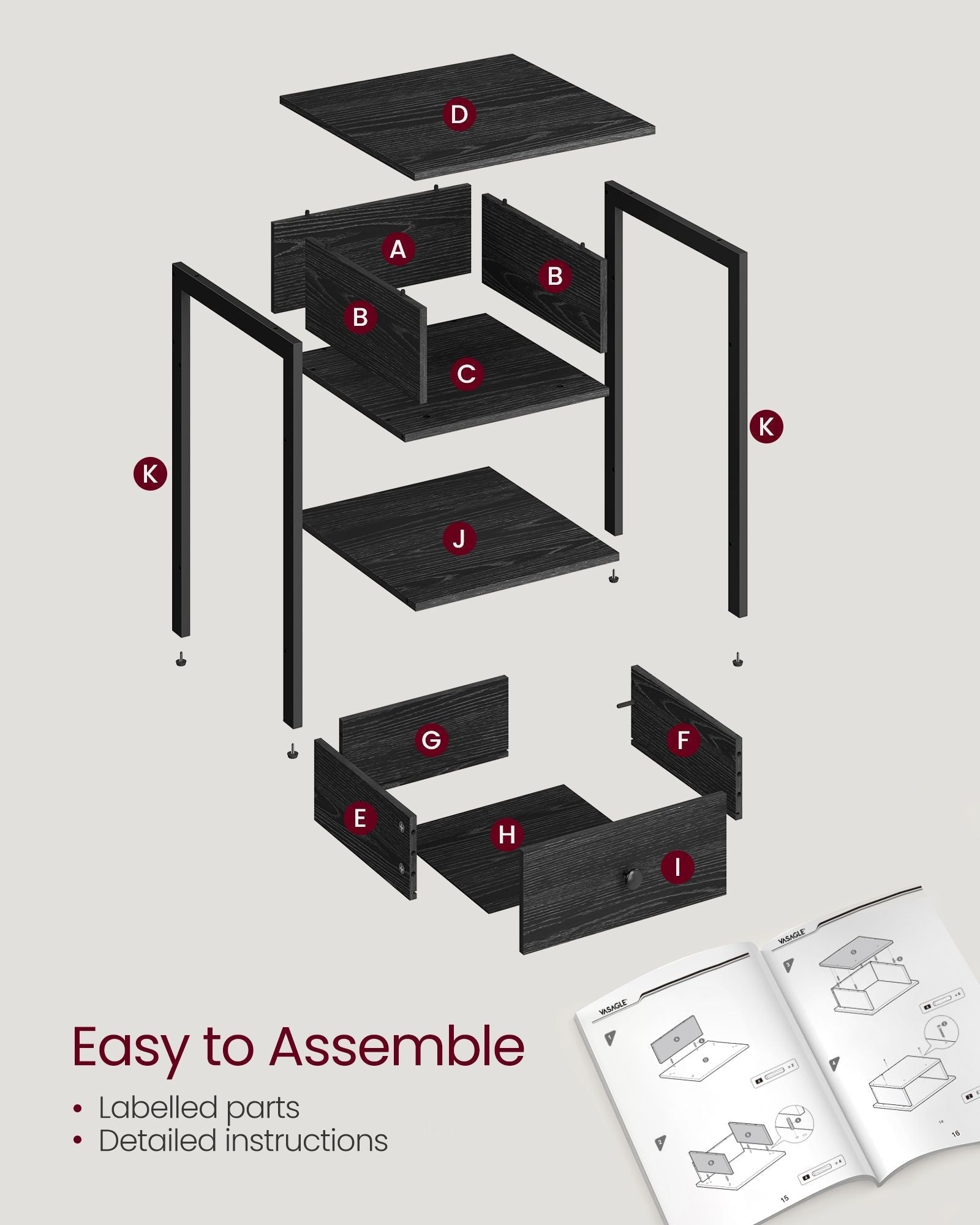 Bedside Table - Steel Frame - Ebony Black - Drawer and Shelf Equipped