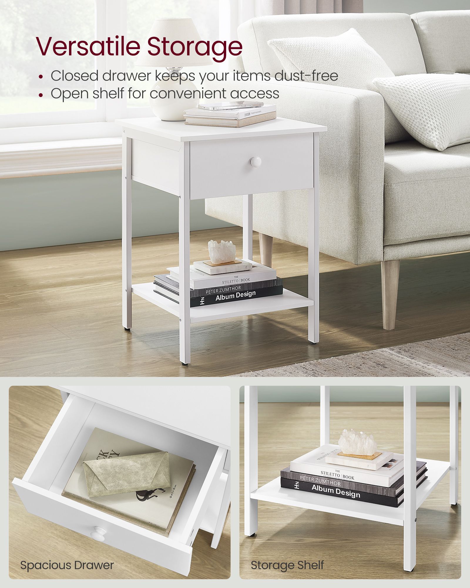 Bedside Table - Steel Frame - Matte White - With Drawer and Shelf