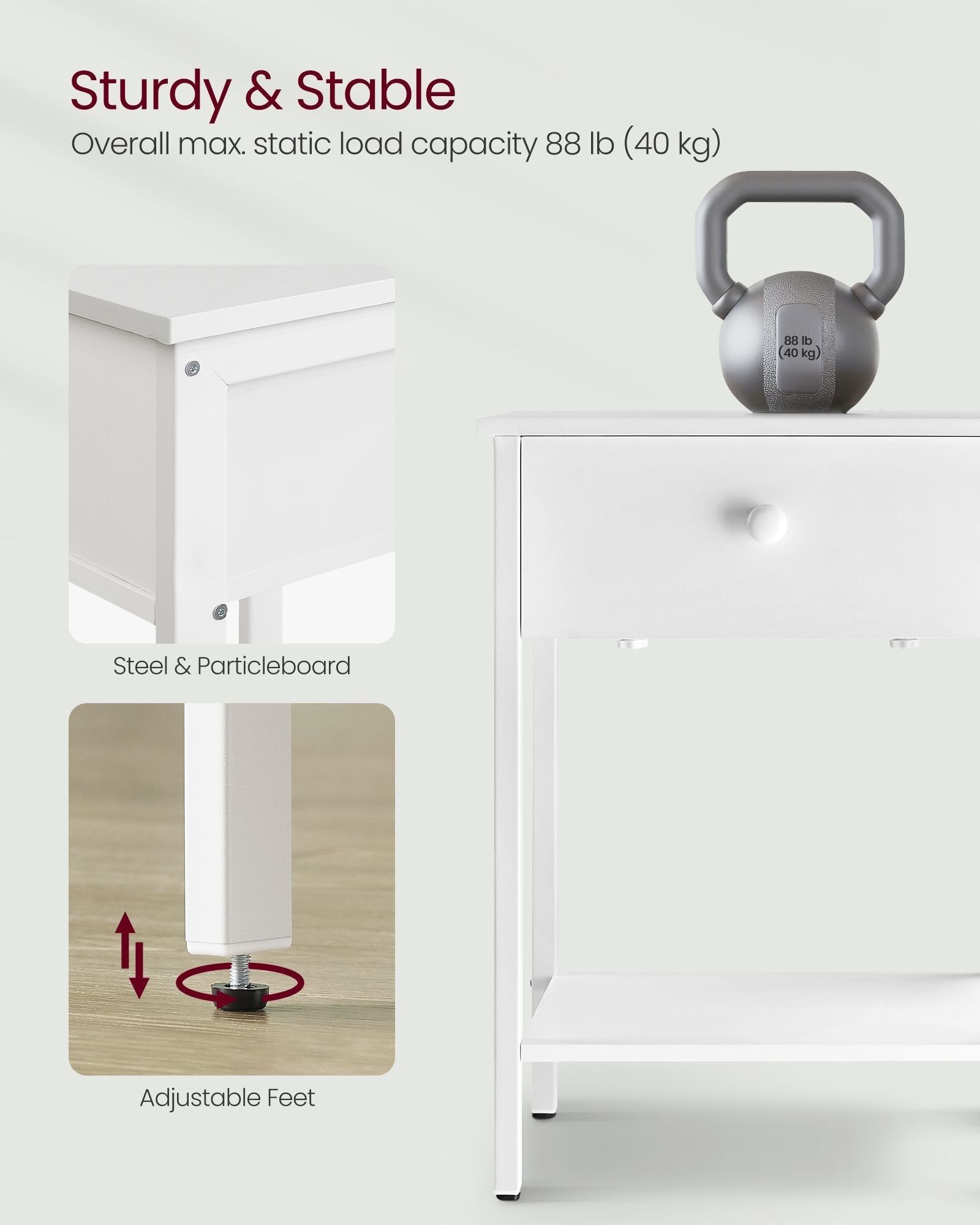 Bedside Table - Steel Frame - Matte White - With Drawer and Shelf
