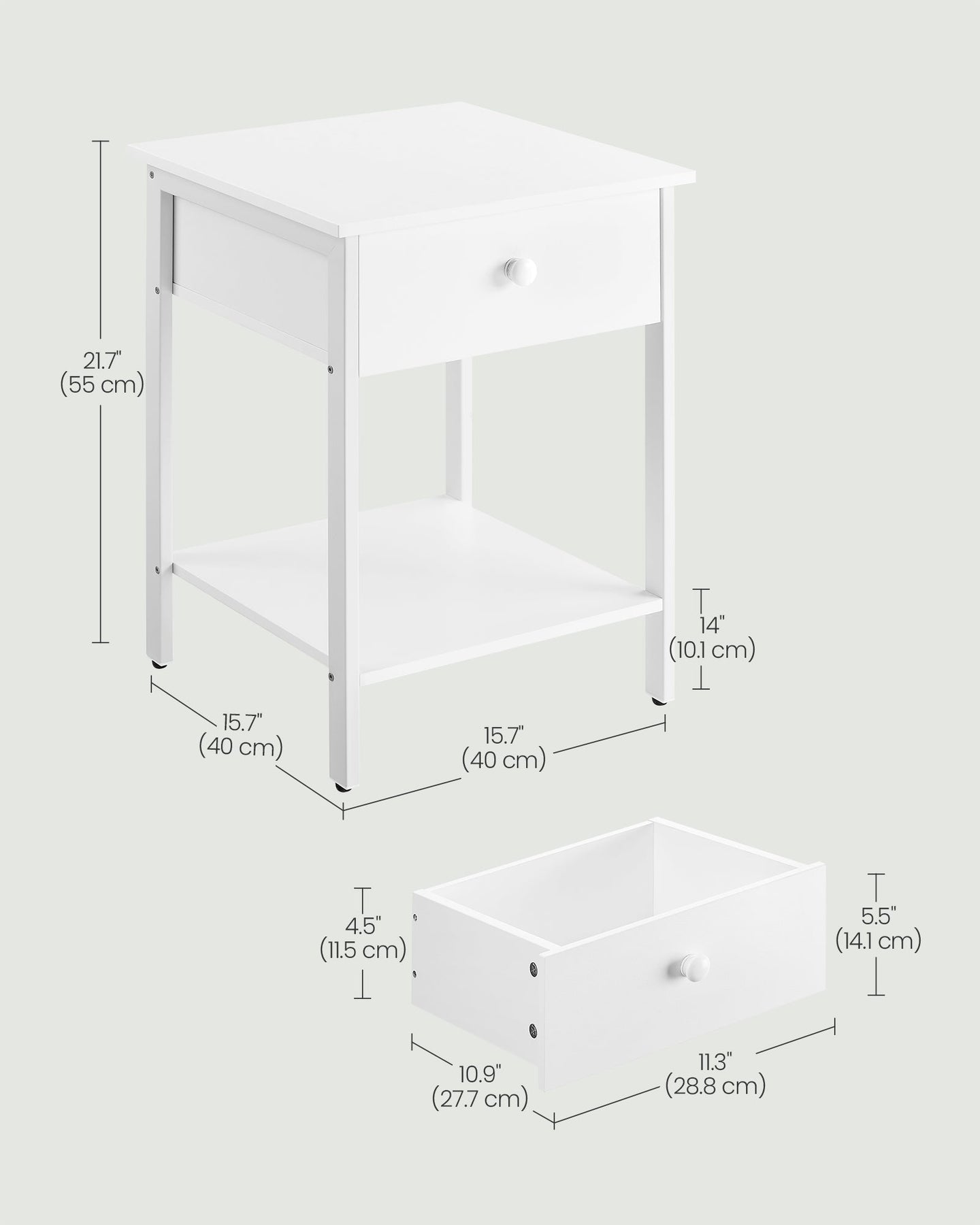 Bedside Table - Steel Frame - Matte White - With Drawer and Shelf