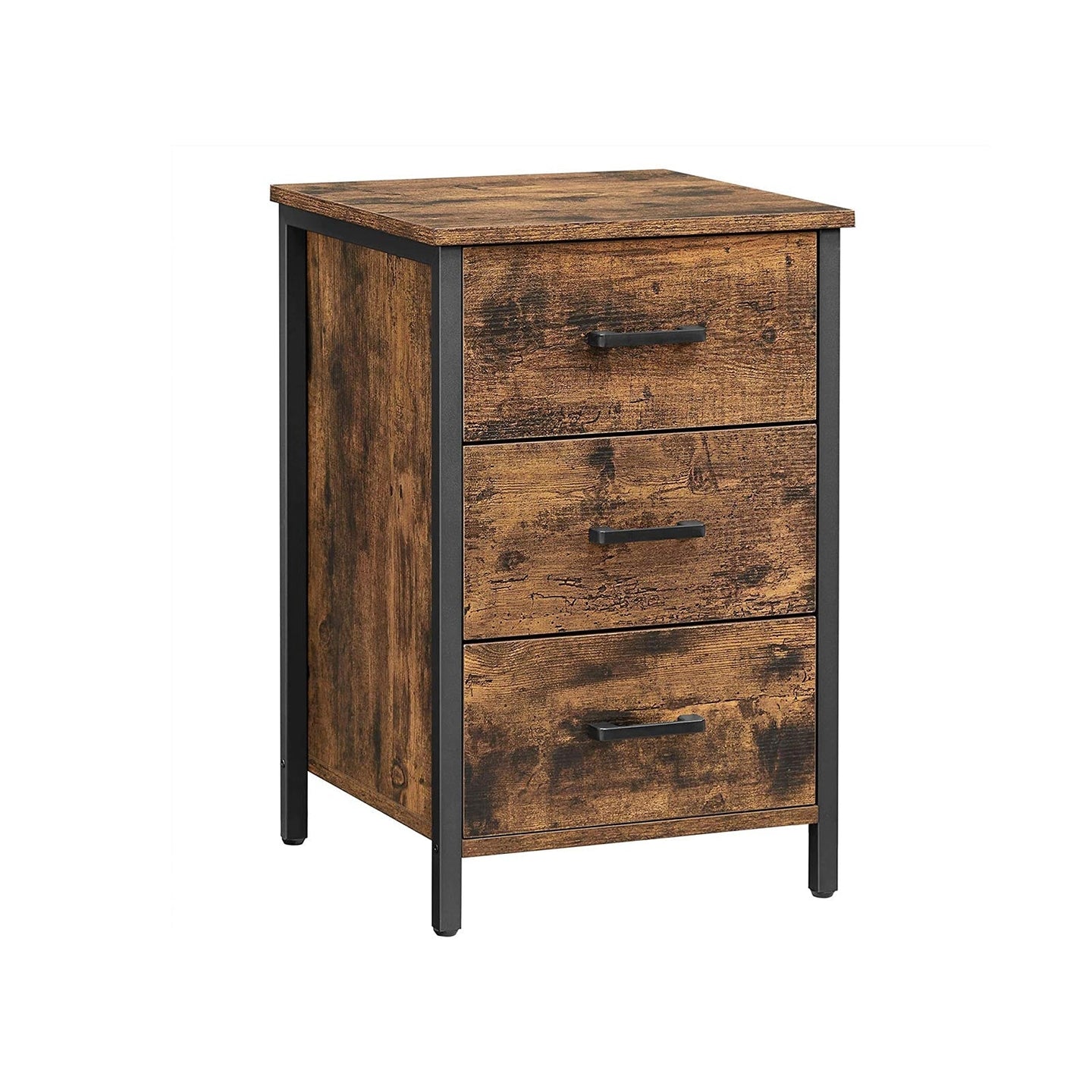 Bedside Table - Particle Board - Rustic Brown and Black - 3 Drawers