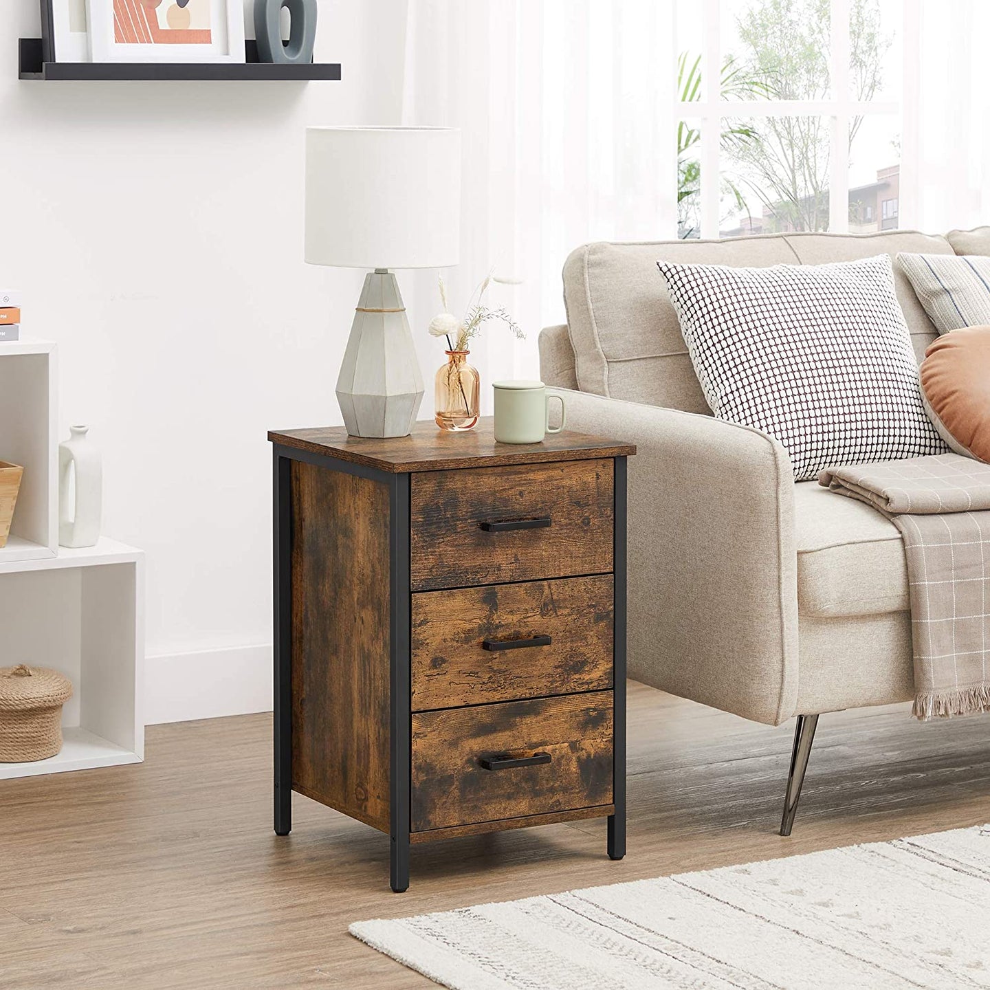 Bedside Table - Particle Board - Rustic Brown and Black - 3 Drawers