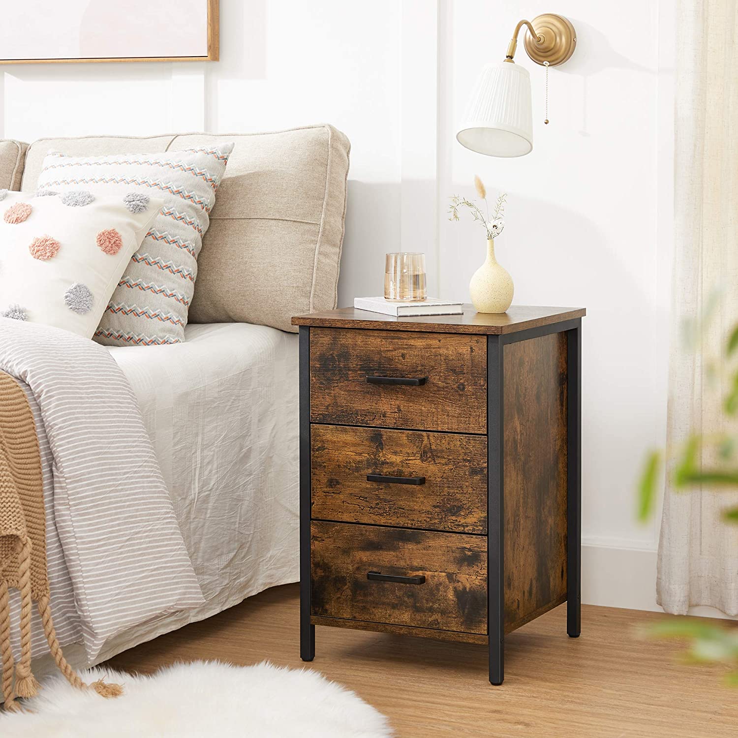 Bedside Table - Particle Board - Rustic Brown and Black - 3 Drawers