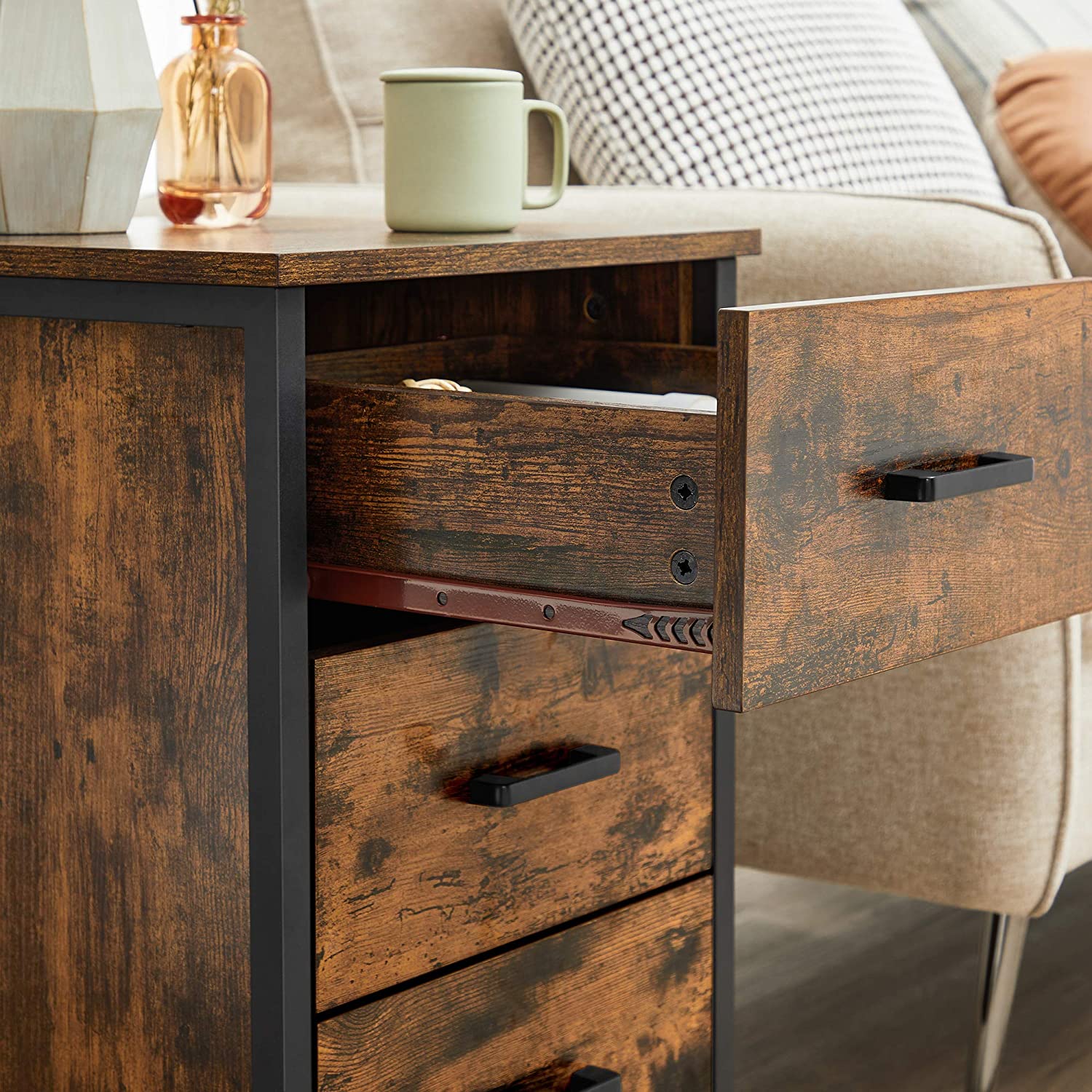 Bedside Table - Particle Board - Rustic Brown and Black - 3 Drawers