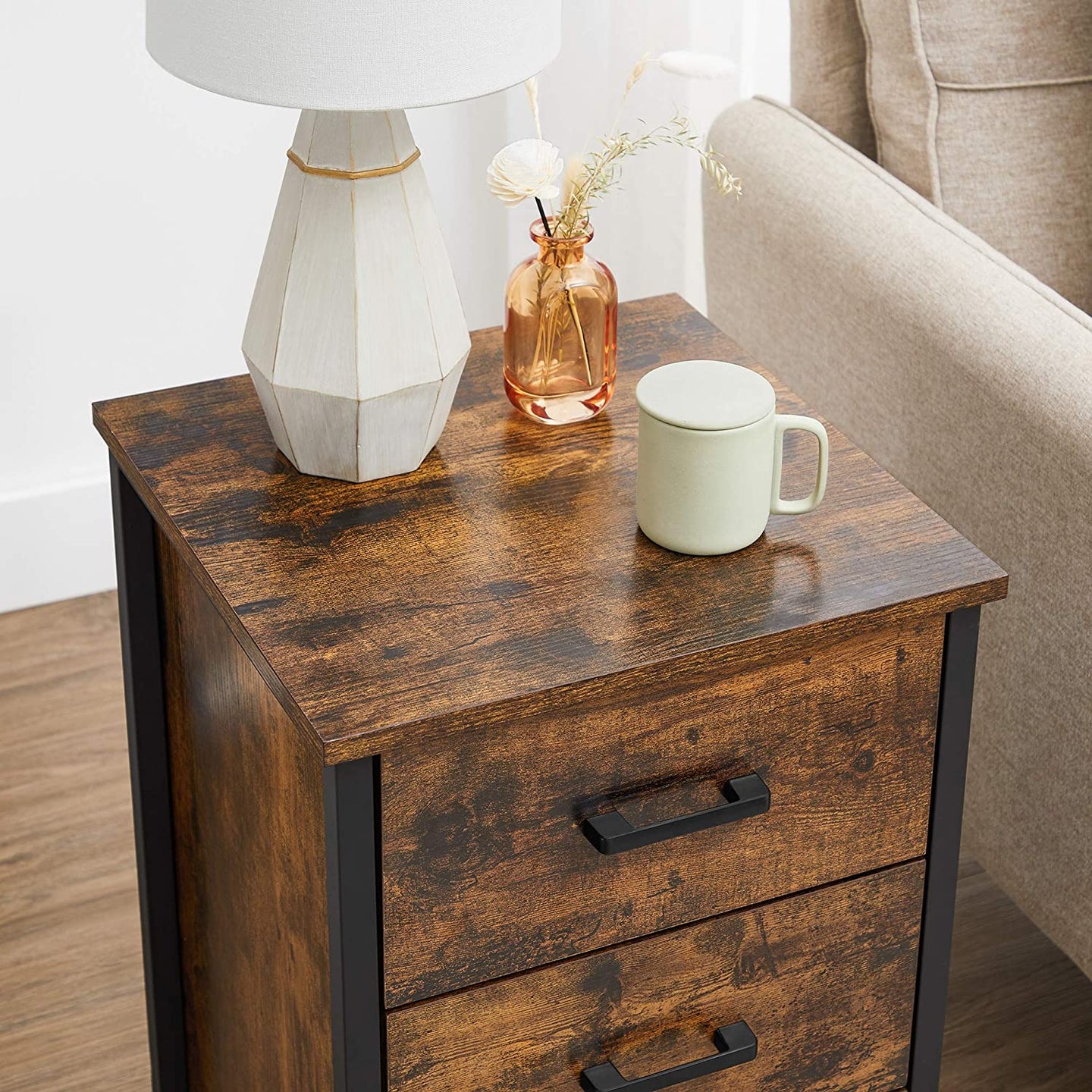 Bedside Table - Particle Board - Rustic Brown and Black - 3 Drawers