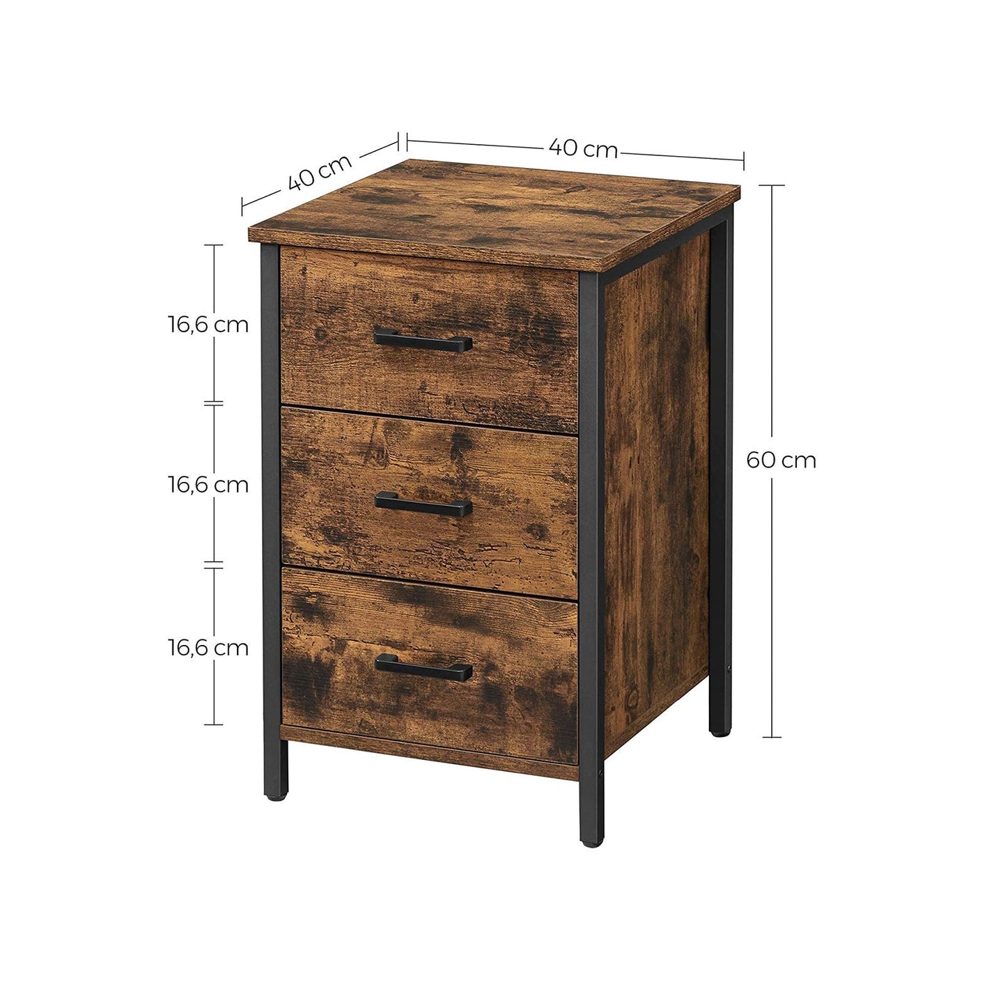Bedside Table - Particle Board - Rustic Brown and Black - 3 Drawers