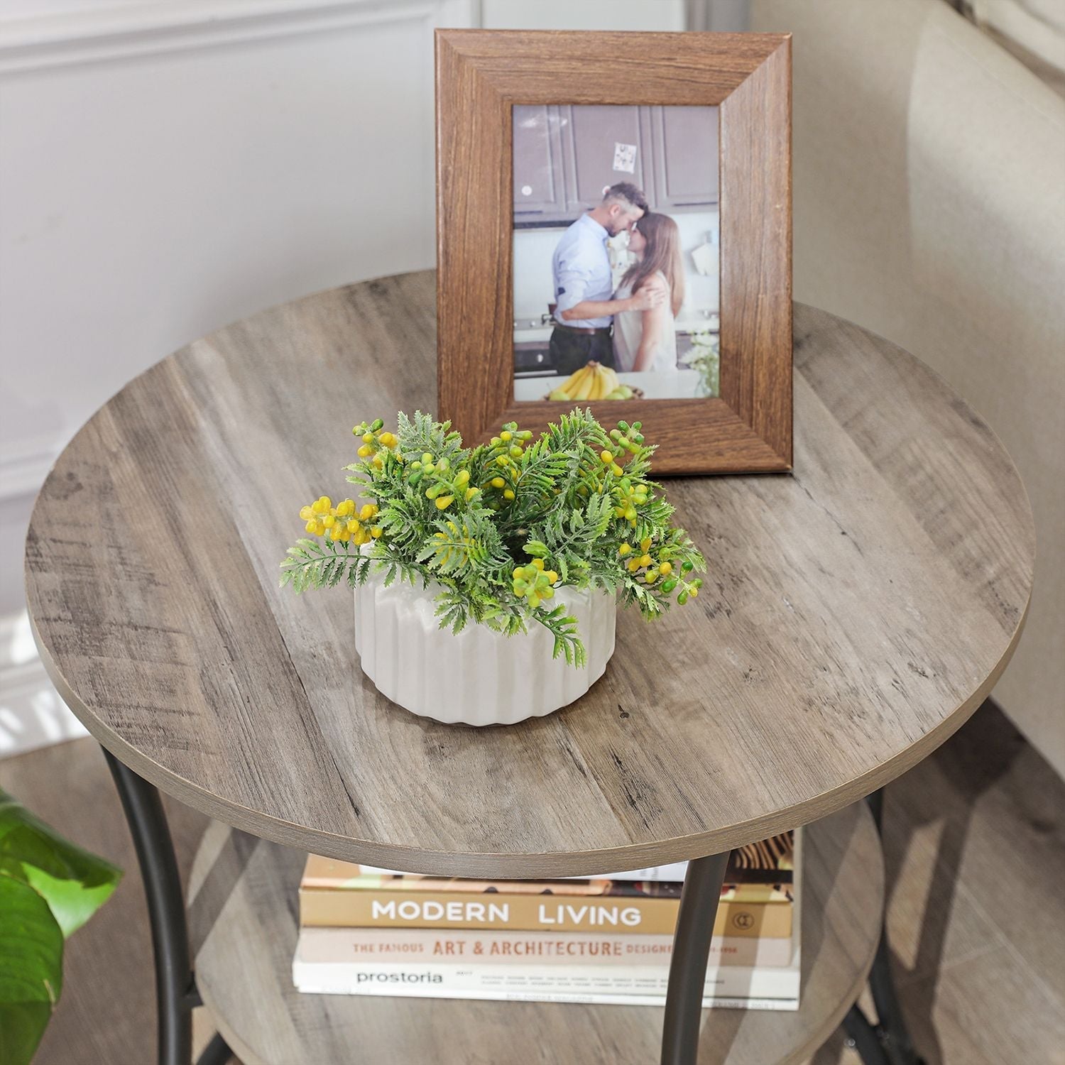 Round End Table - Metal - Rustic Brown - 2 Shelves