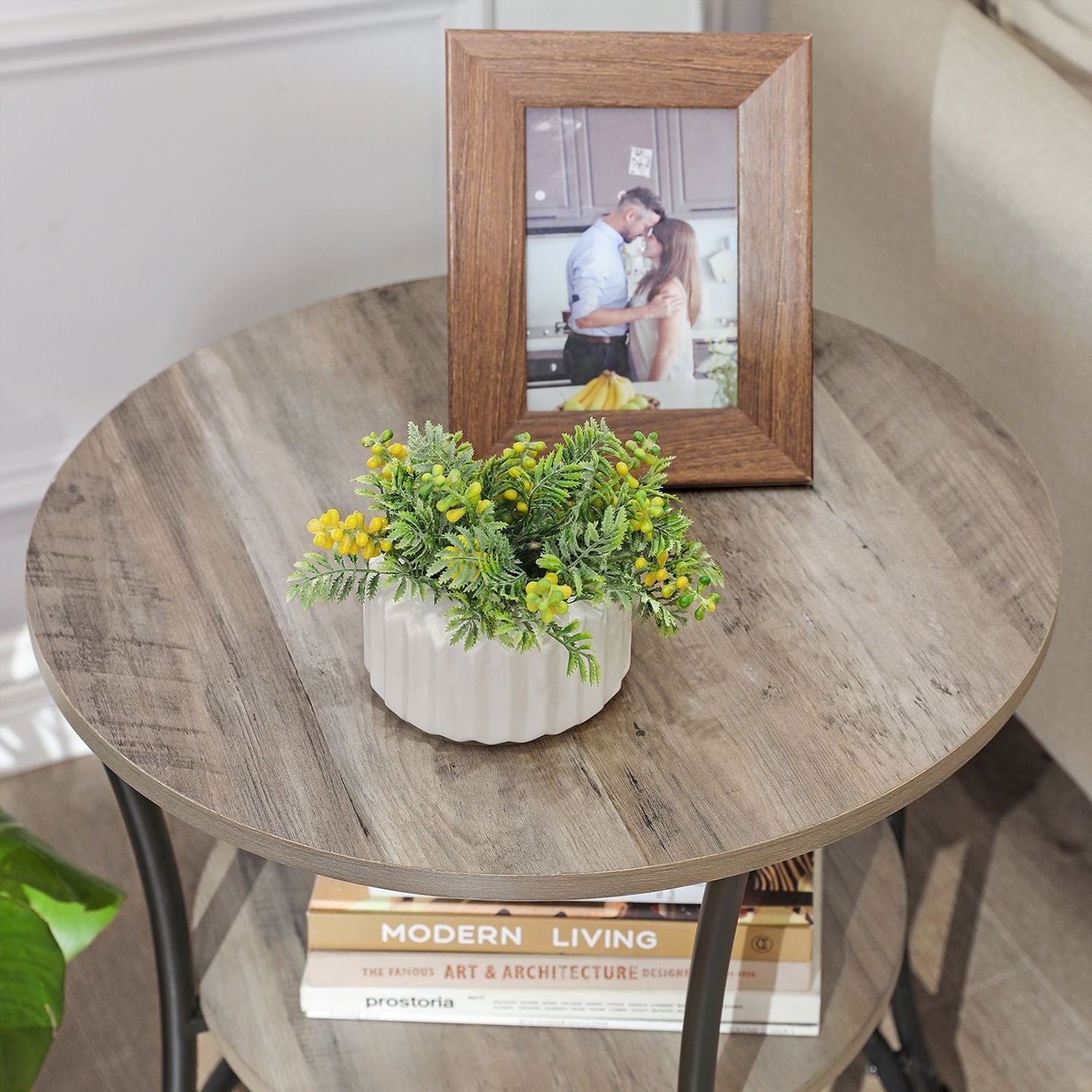 Round End Table - Metal - Rustic Brown - 2 Shelves