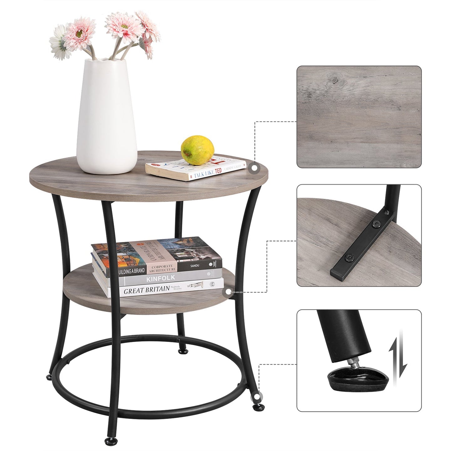 Round End Table - Metal - Rustic Brown - 2 Shelves