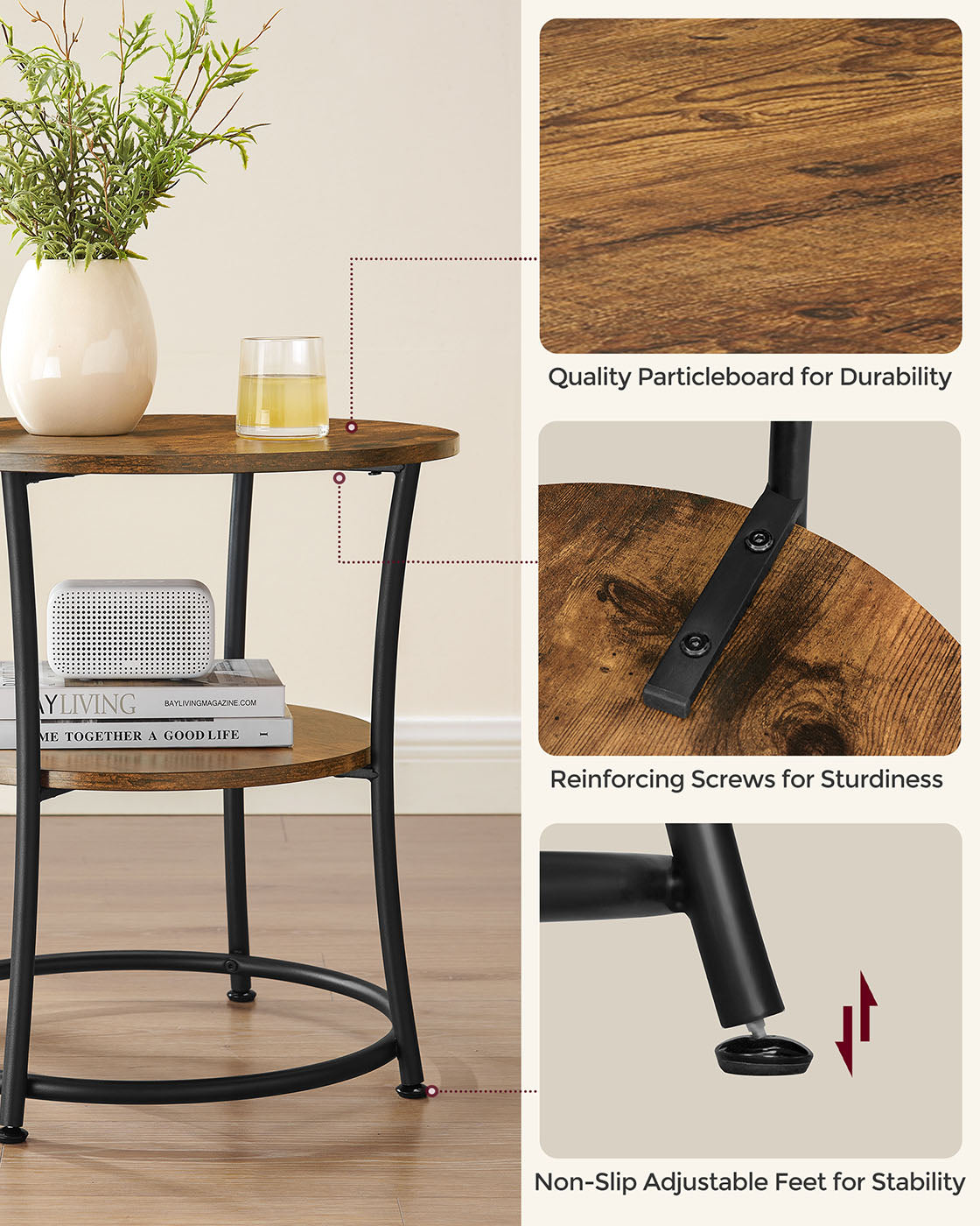 Side Table - Metal - Rustic Brown - 2 Shelves