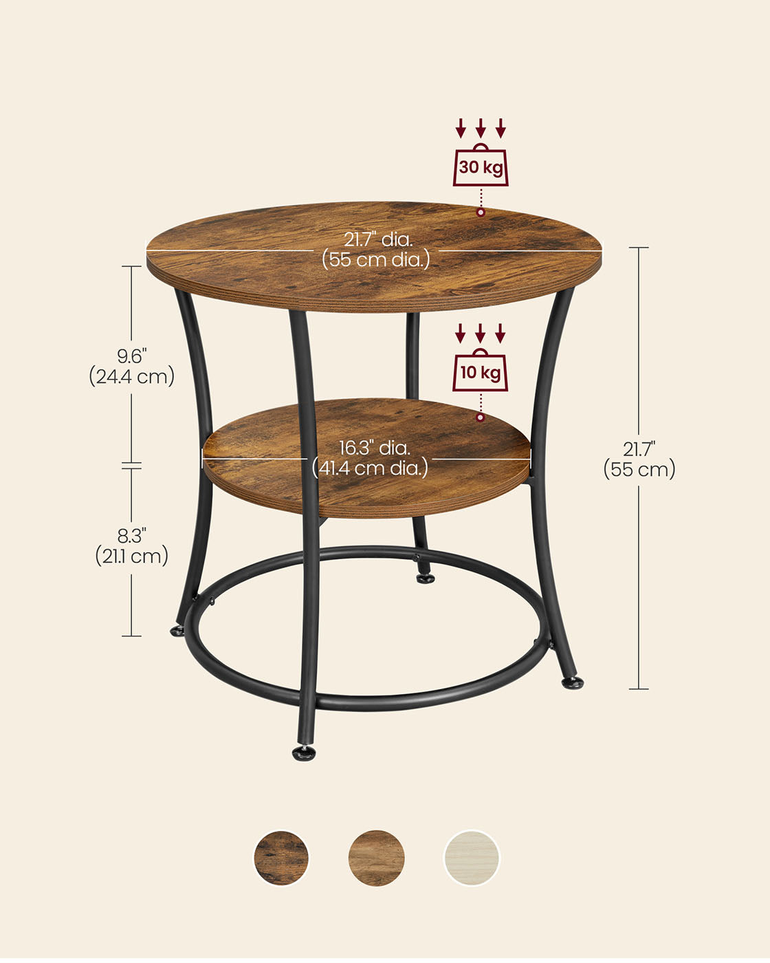 Side Table - Metal - Rustic Brown - 2 Shelves