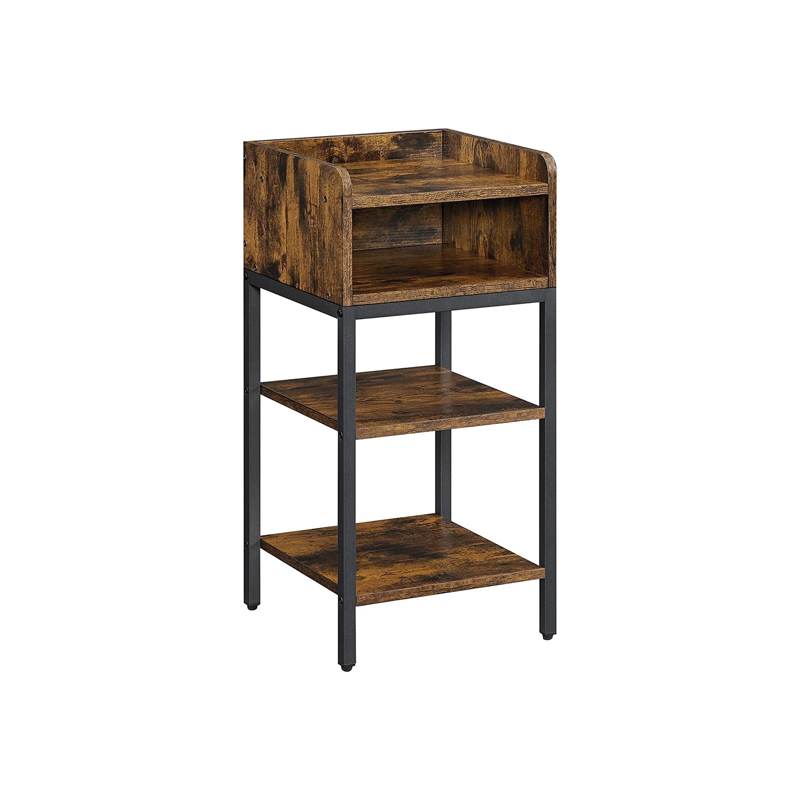 Side Table - Engineered Wood - Rustic Brown and Black - Space-Saving with Open Compartment and 2 Shelves