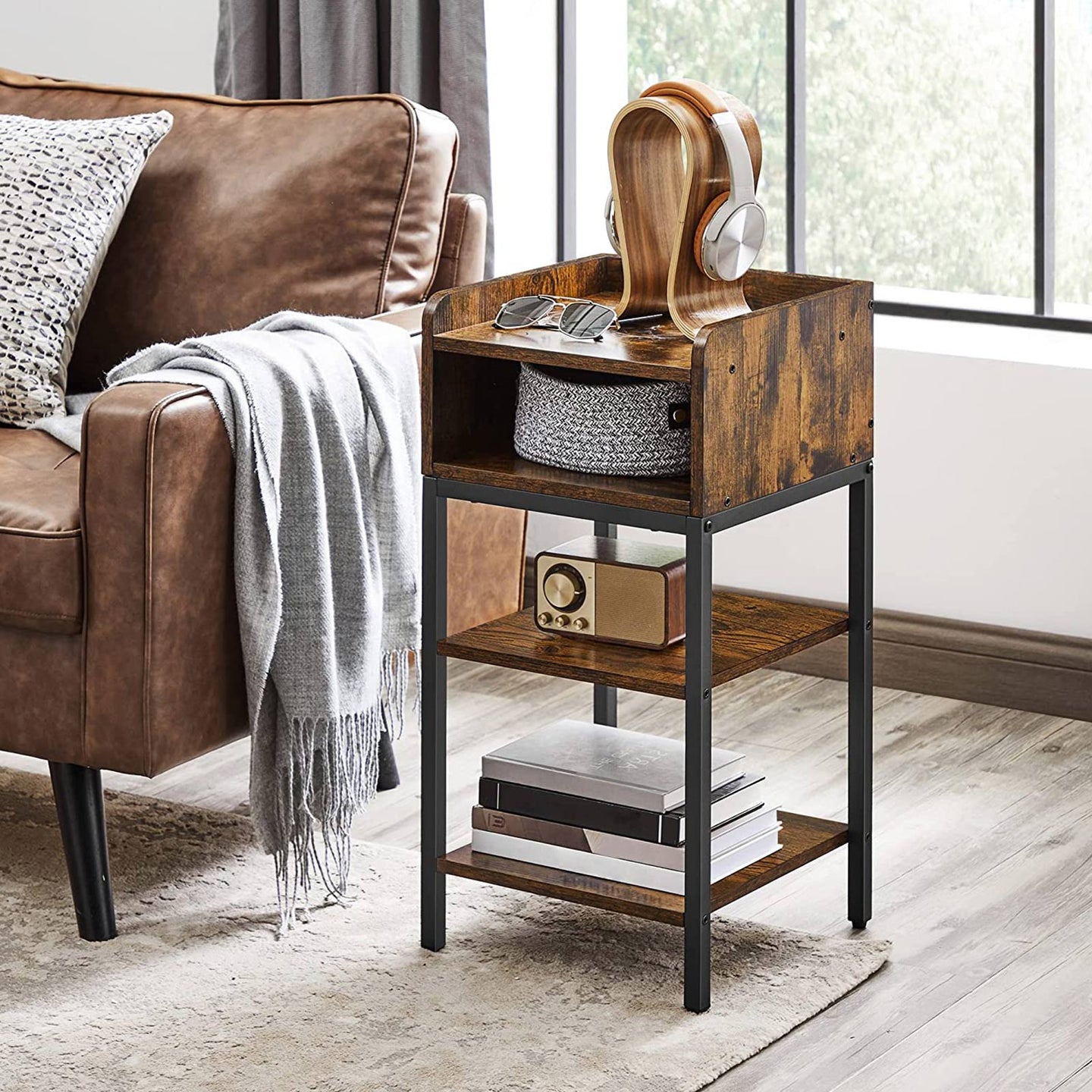 Side Table - Engineered Wood - Rustic Brown and Black - Space-Saving with Open Compartment and 2 Shelves