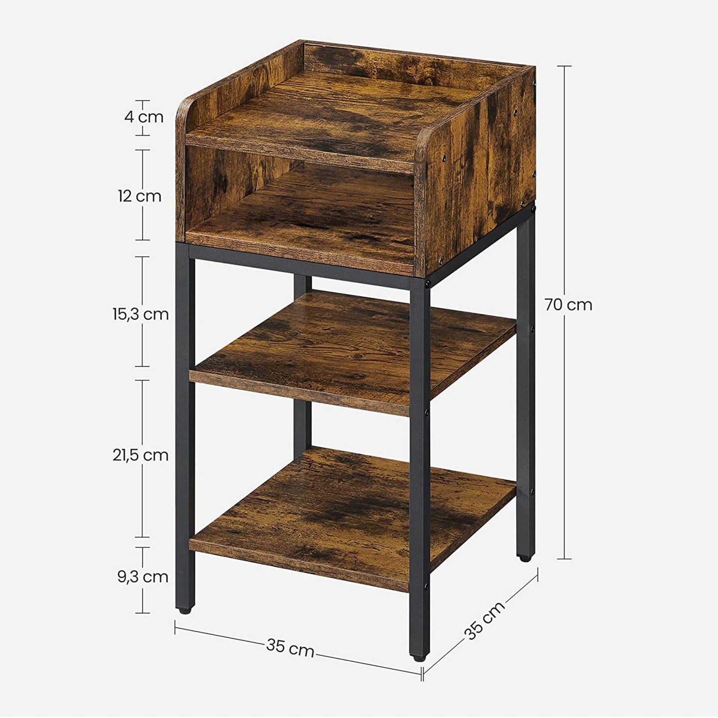 Side Table - Engineered Wood - Rustic Brown and Black - Space-Saving with Open Compartment and 2 Shelves